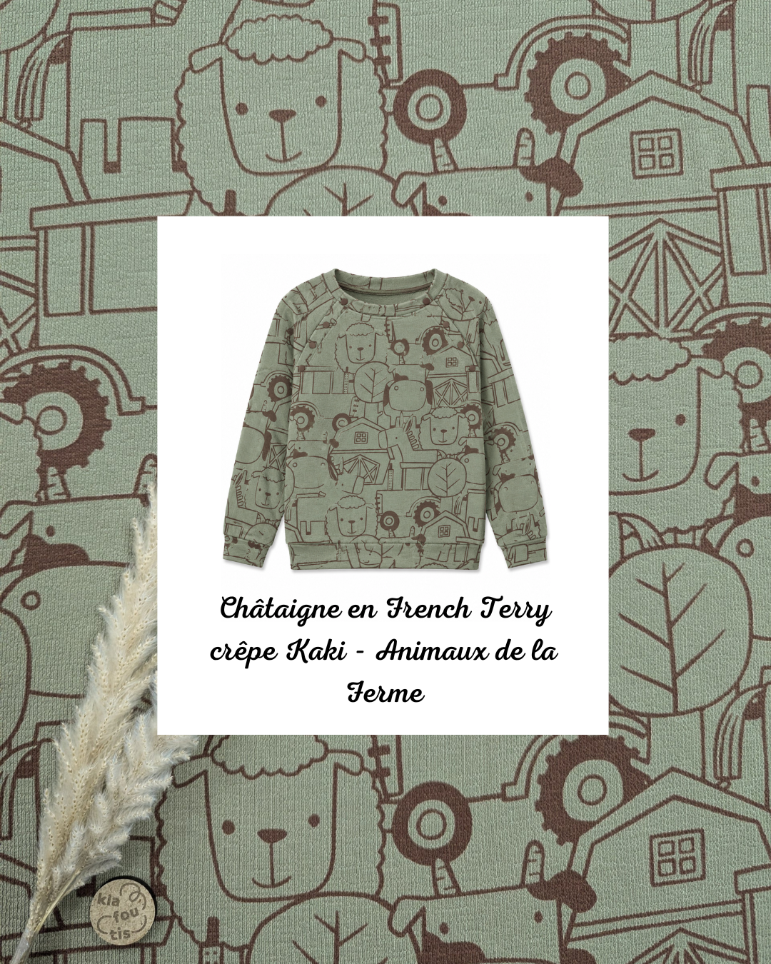 French Terry crêpe kaki - animaux de ferme