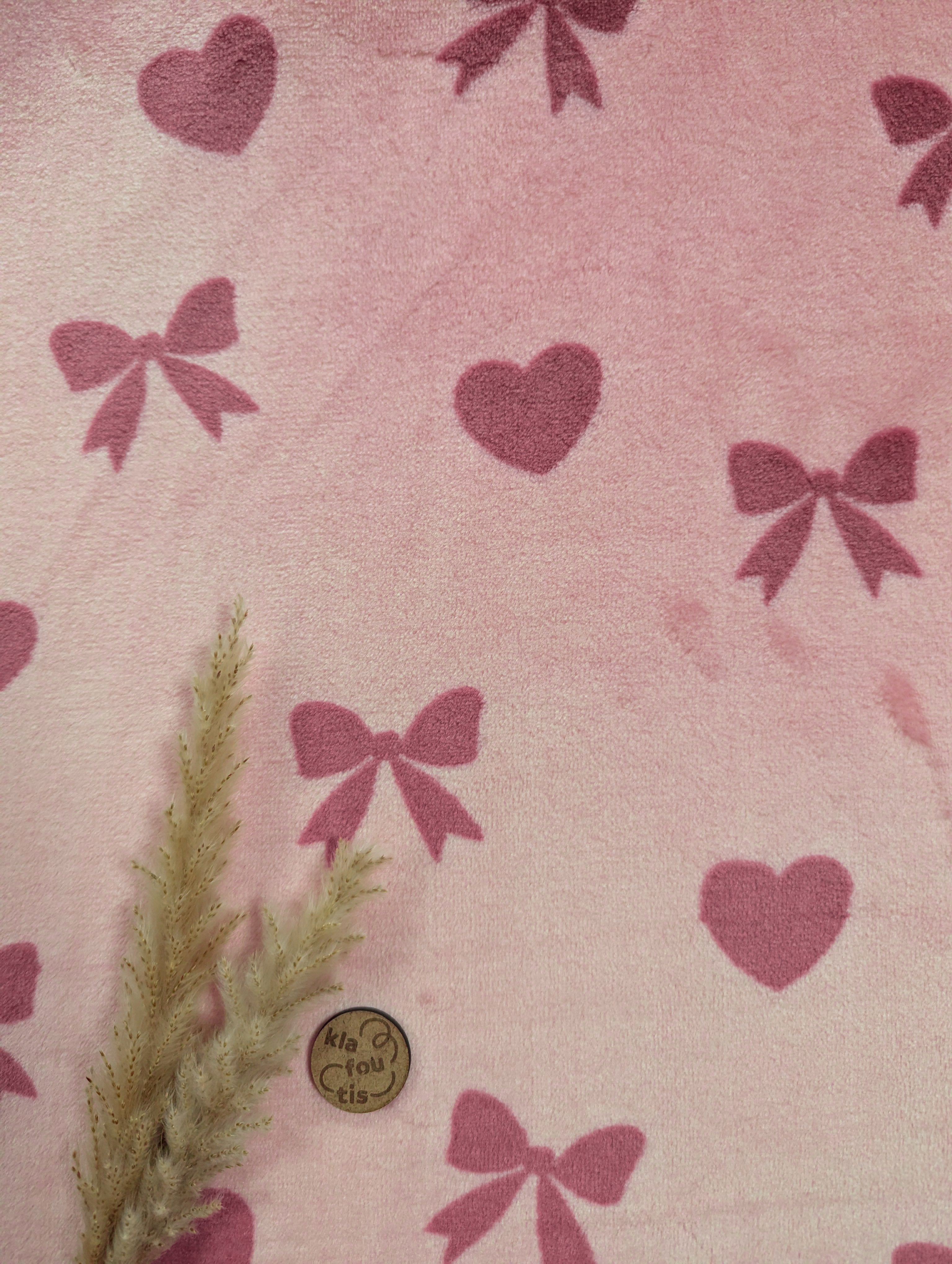 Tissu doudou double face rose - coeurs et noeuds