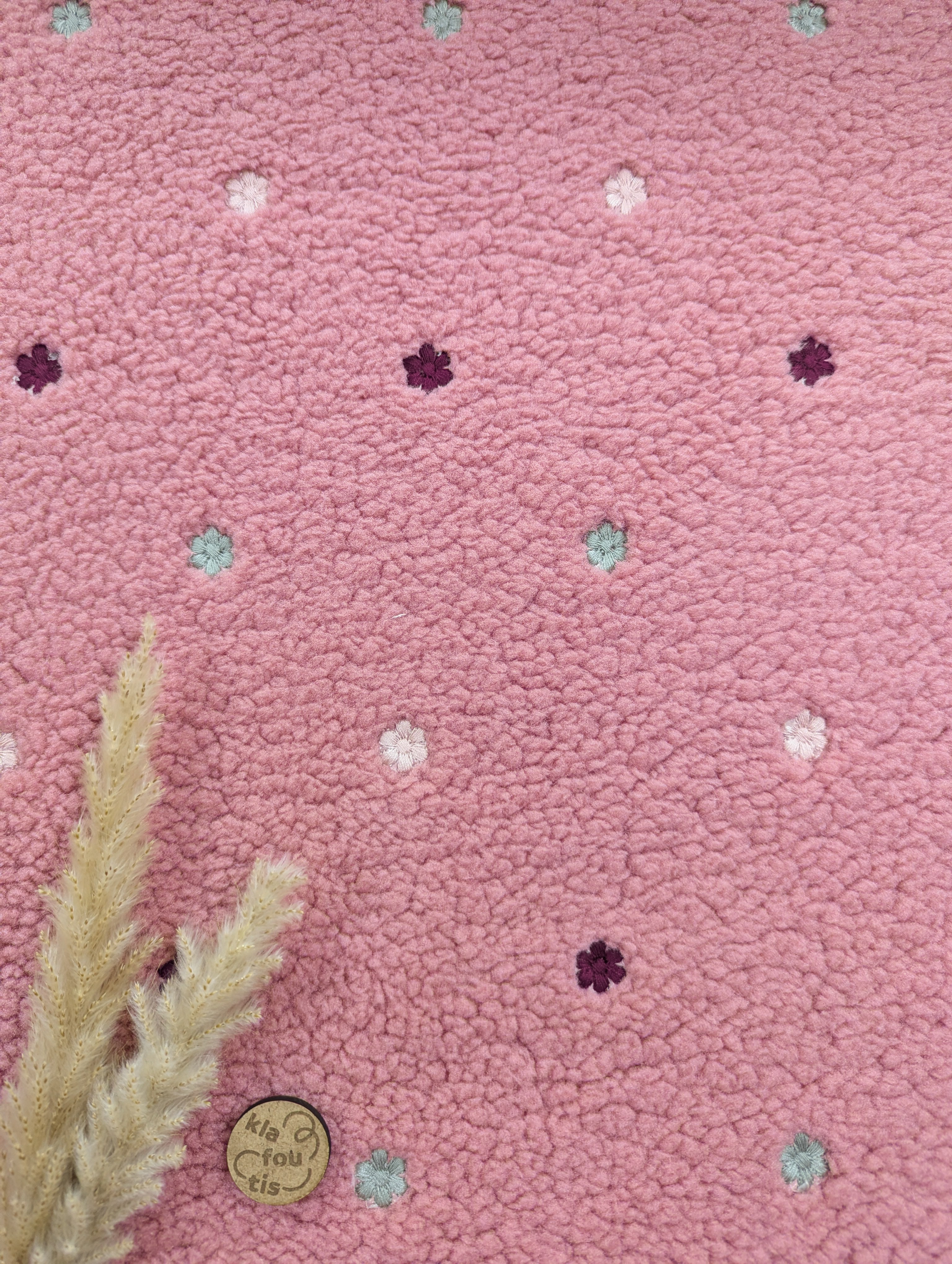 Teddy extensible brodé vieux rose - Fleurs multicolores
