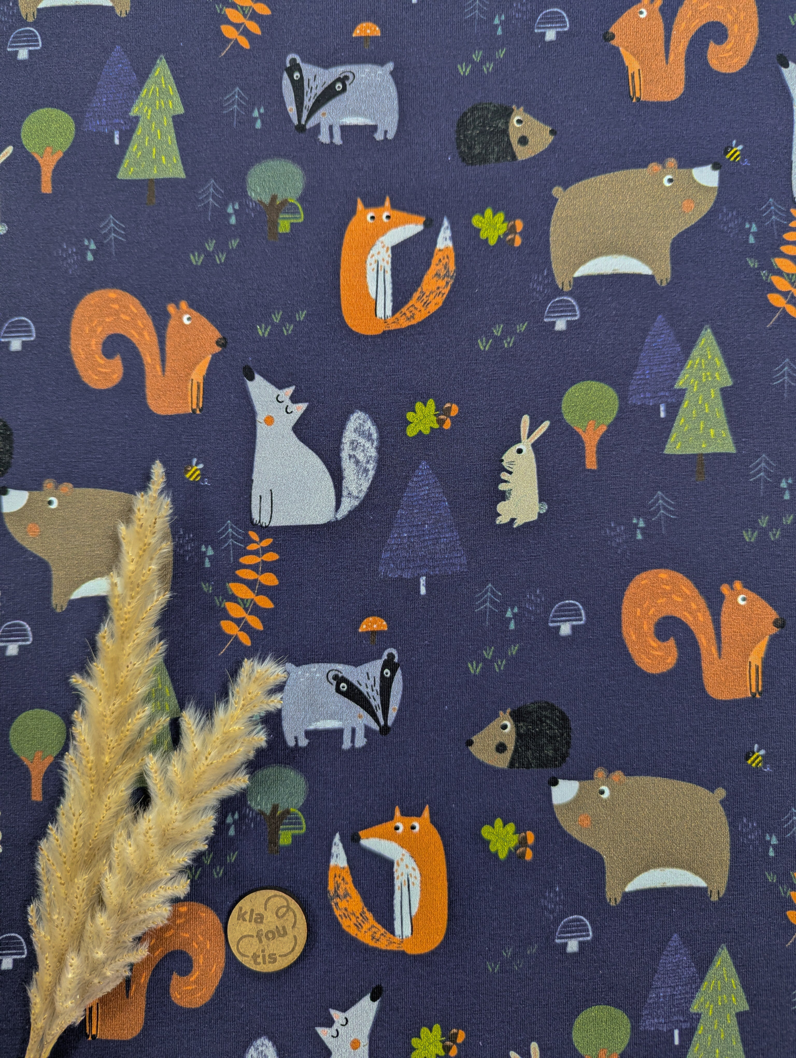 Jersey de coton bleu marine - Animaux de la forêt