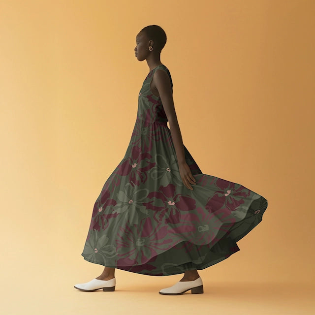 Twill de viscose kaki et lie de vin - grande abstraction florale