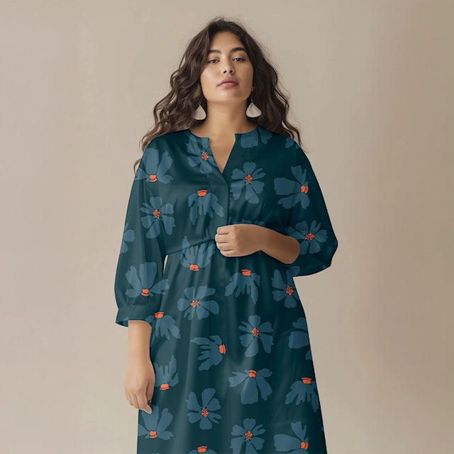 Twill de viscose bleu marine - par touches florales