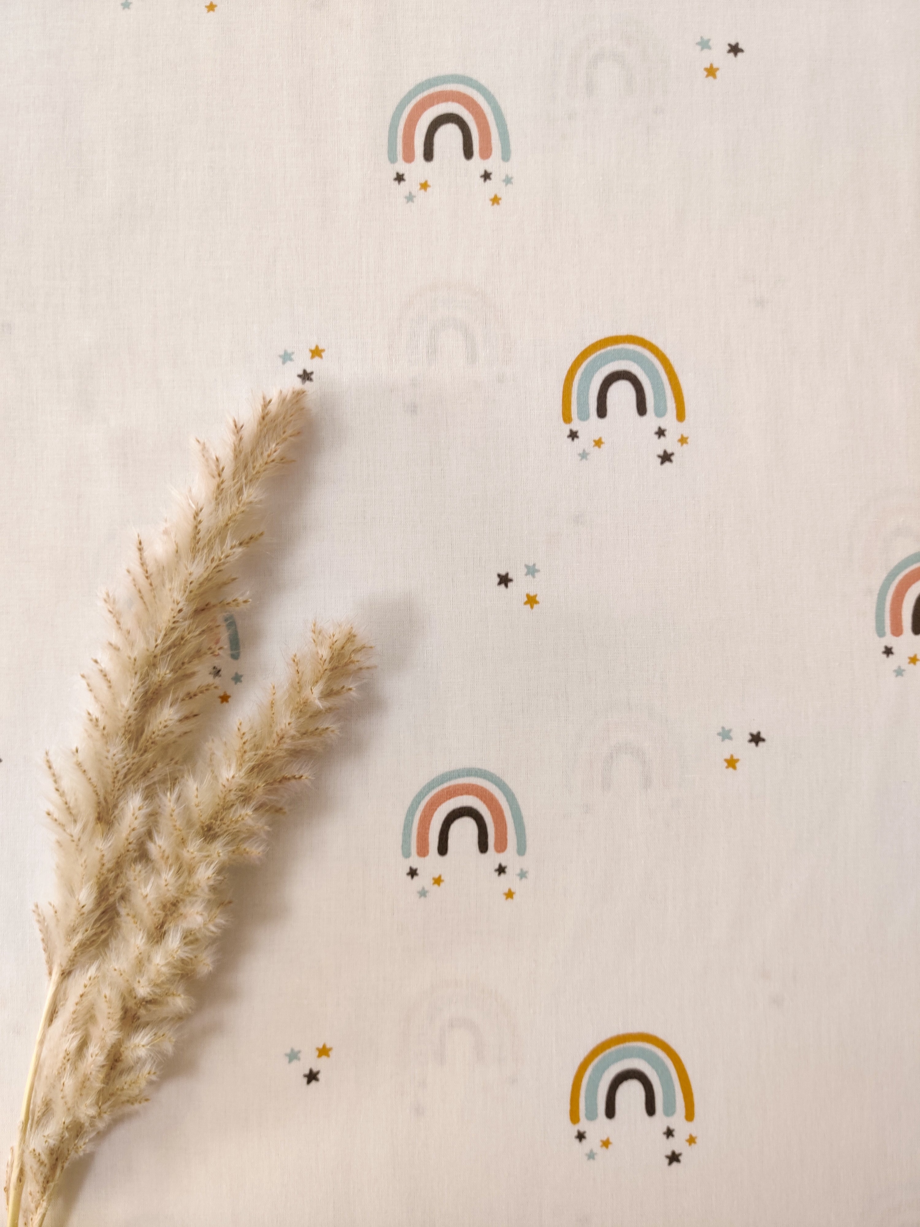 Popeline de Coton écru - Arcs-en-ciel étoilés