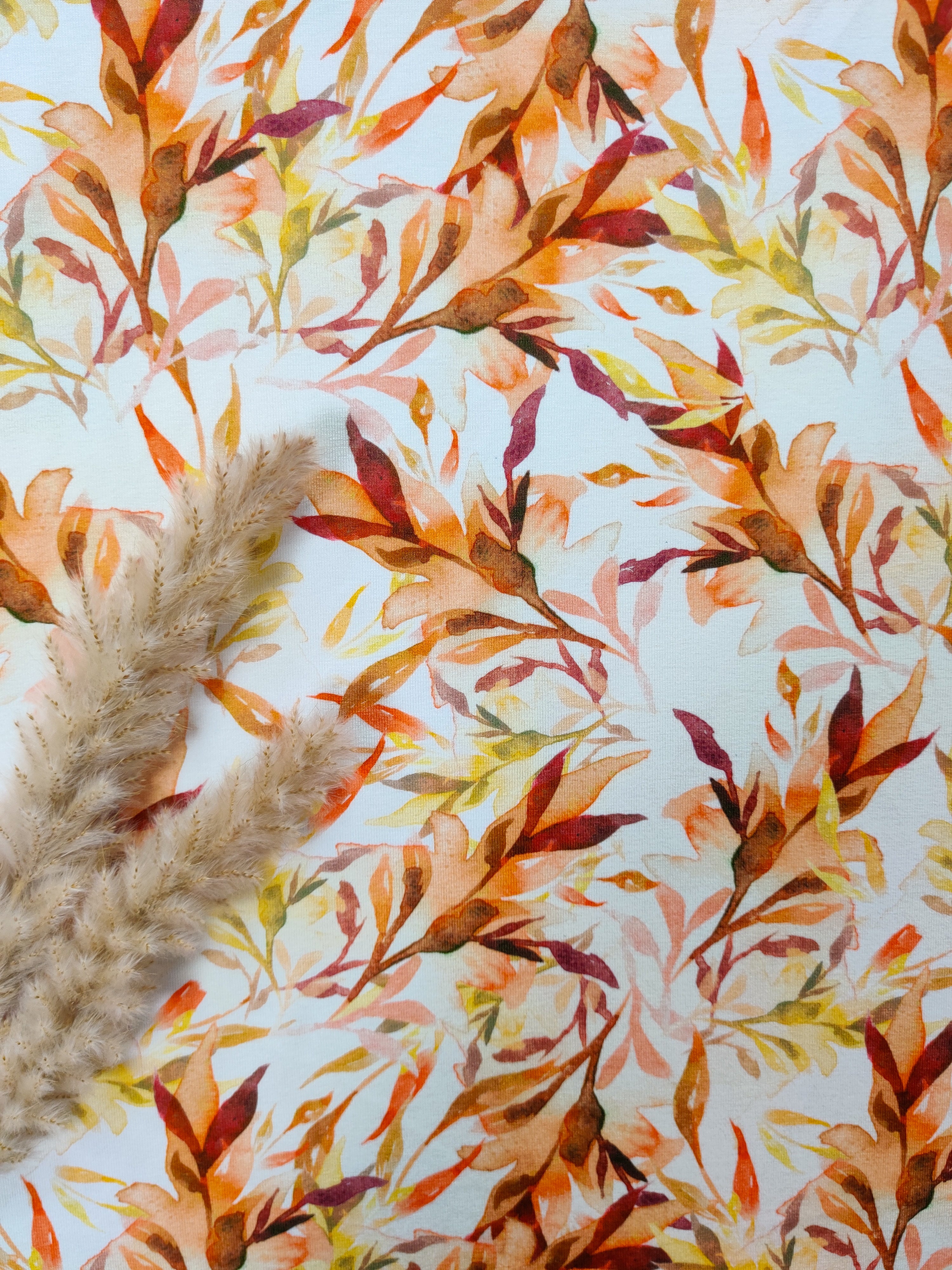 Jersey de viscose écru - Feuillages orangés