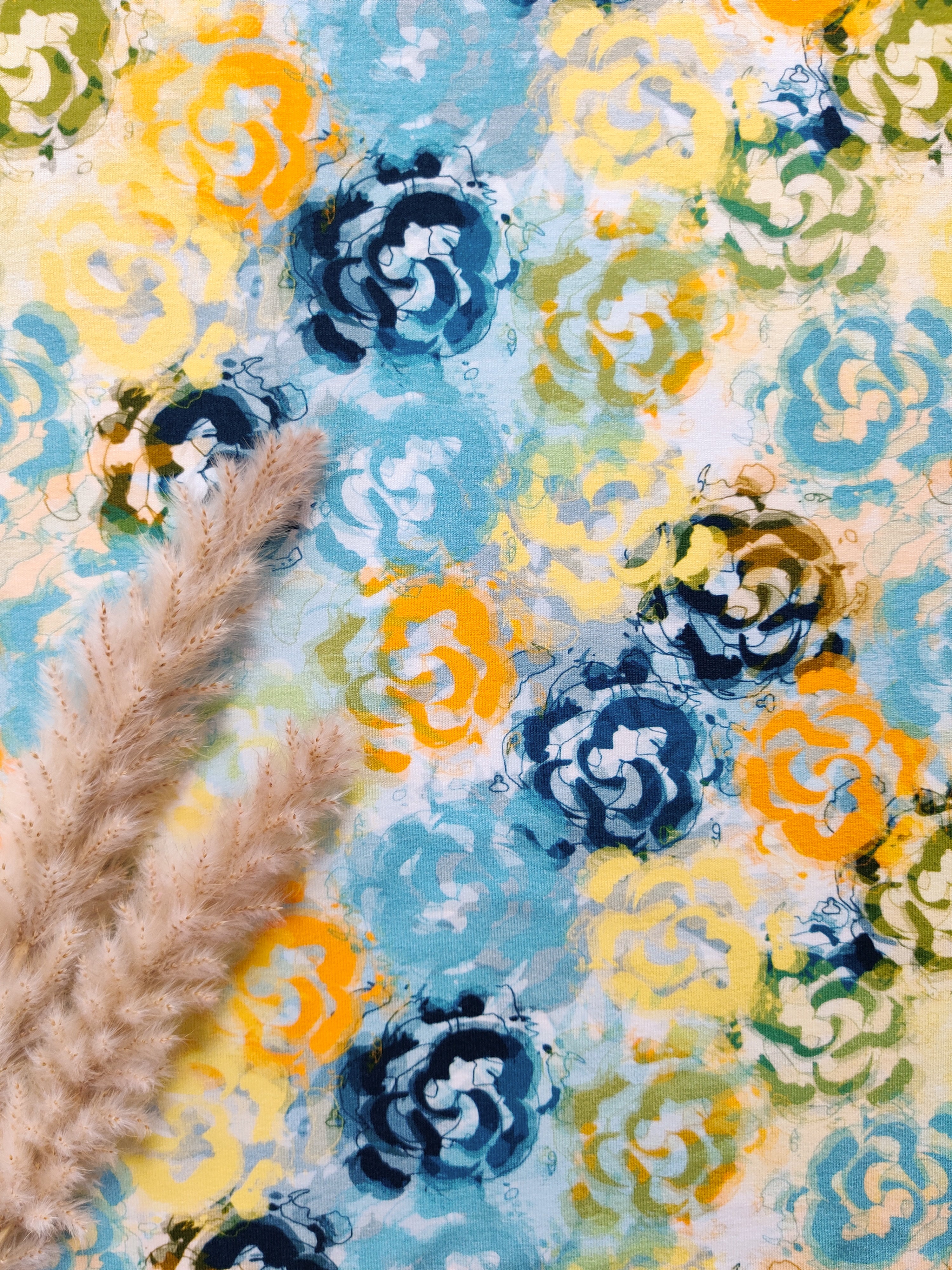 Jersey de viscose bleu - Tampons de fleurs