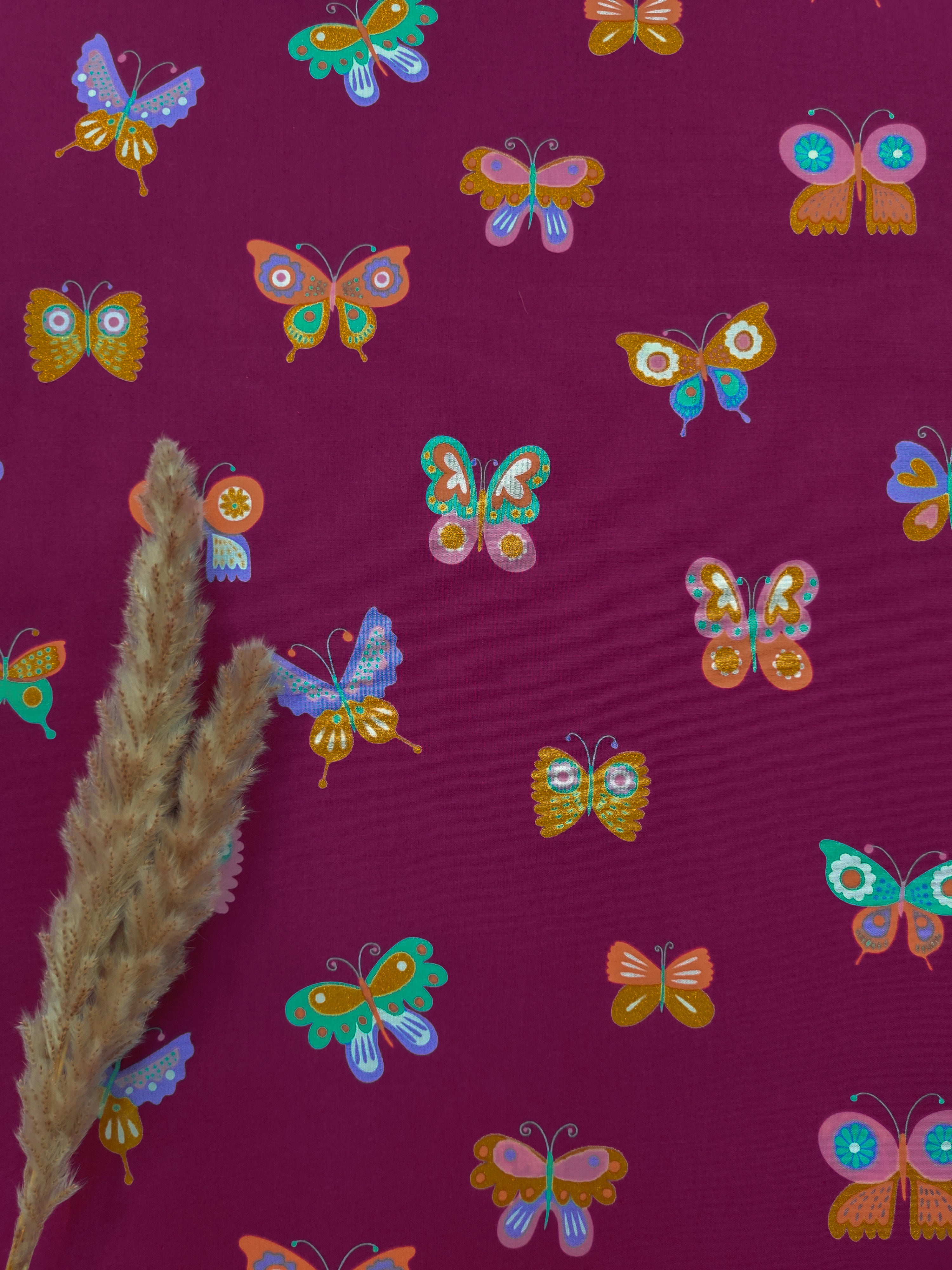 Popeline de coton fuchsia - Papillons glitter