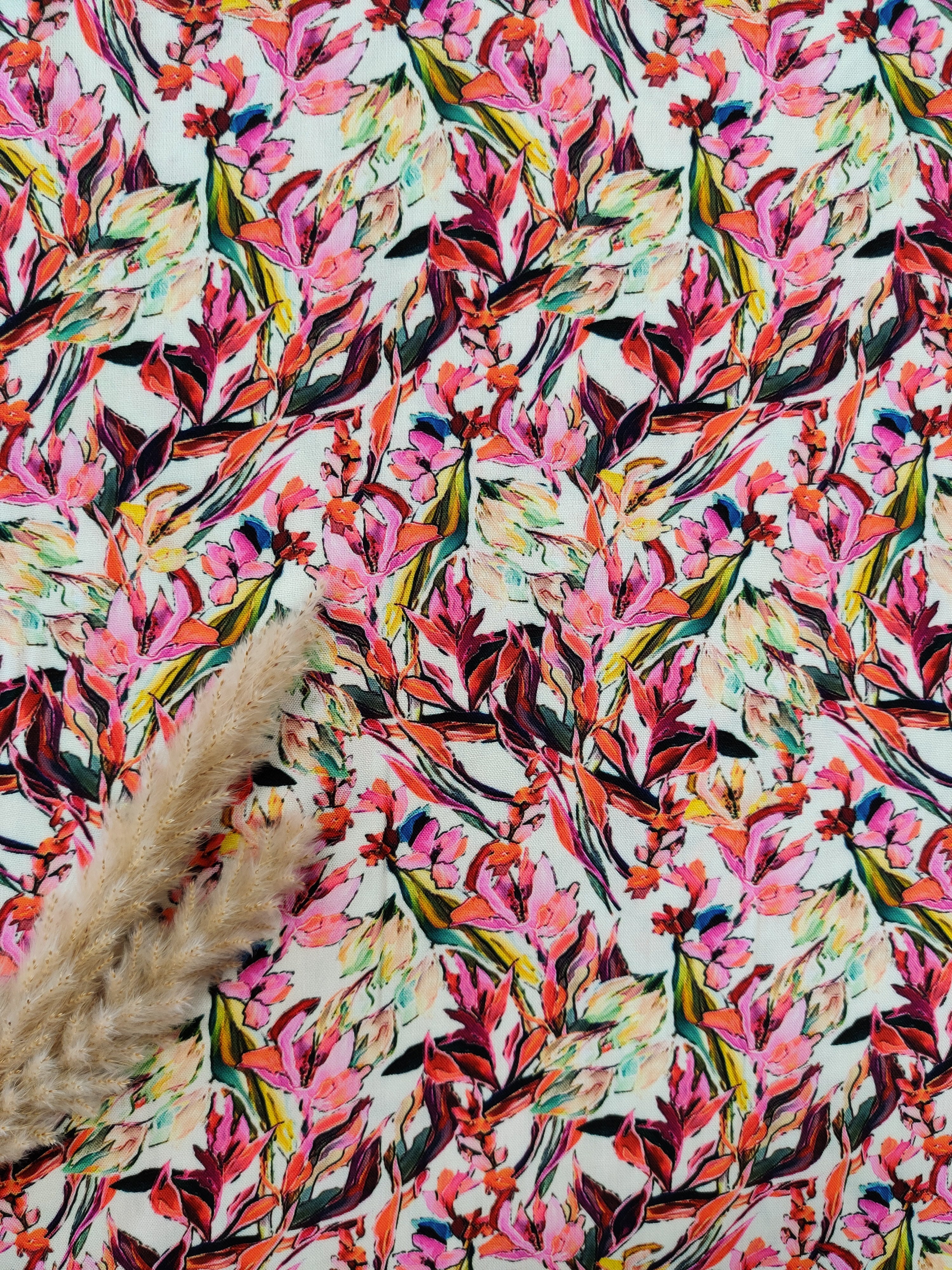 Popeline de viscose écru - Bouquet en peinture