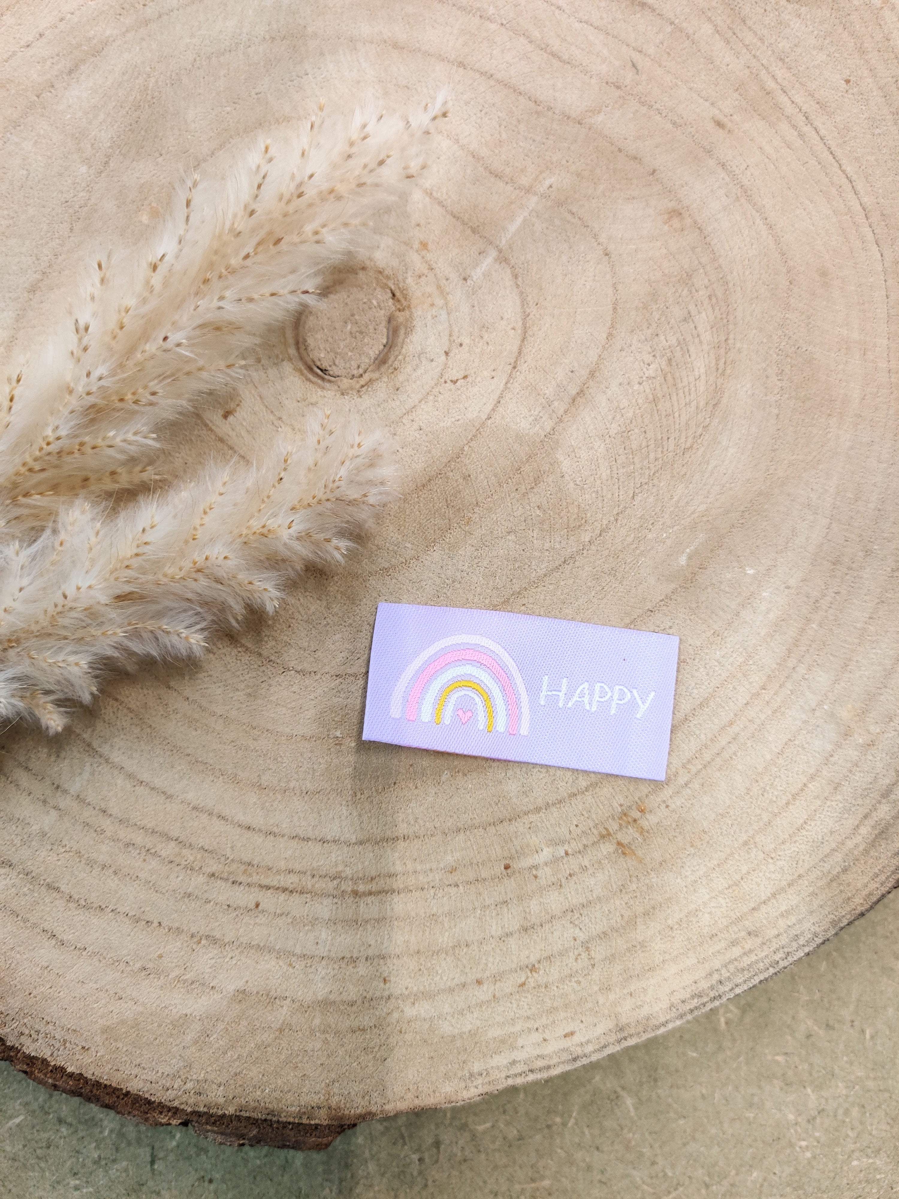 Etiquette tissées à coudre - lilas - Happy arc-en-ciel