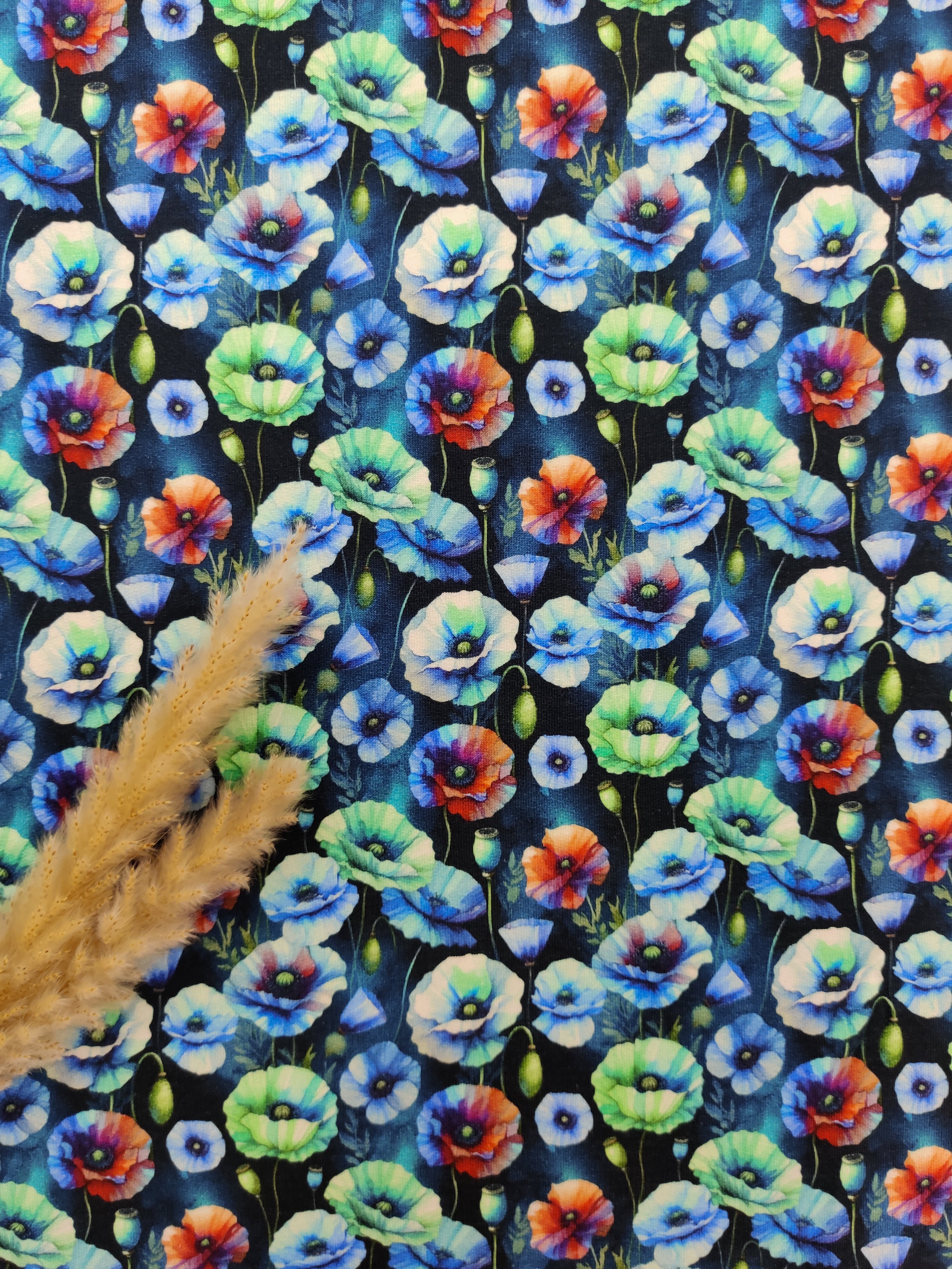 French Terry bleu marine - Fleurs de pavots