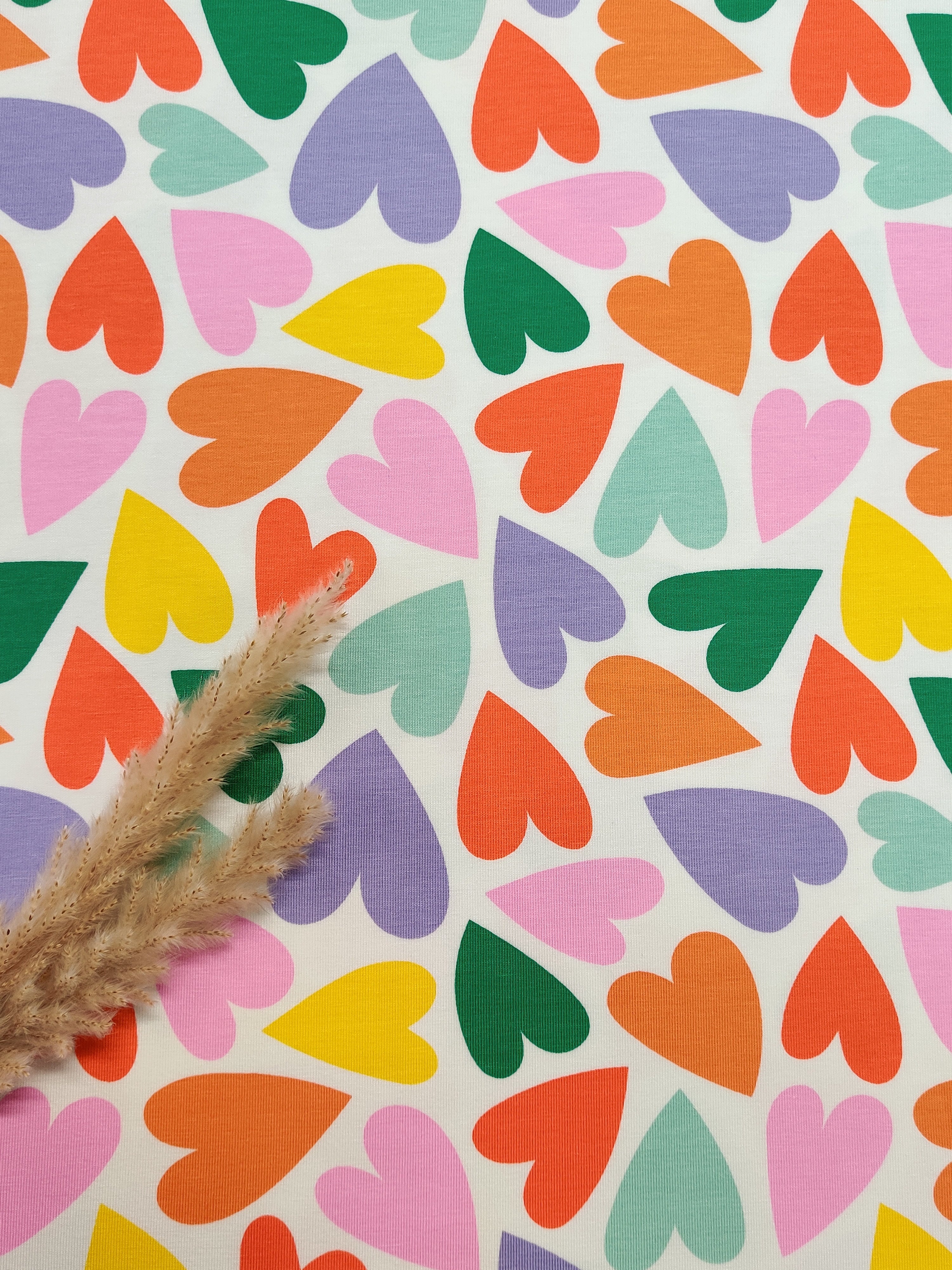 Jersey de coton écru - Cœurs multicolores