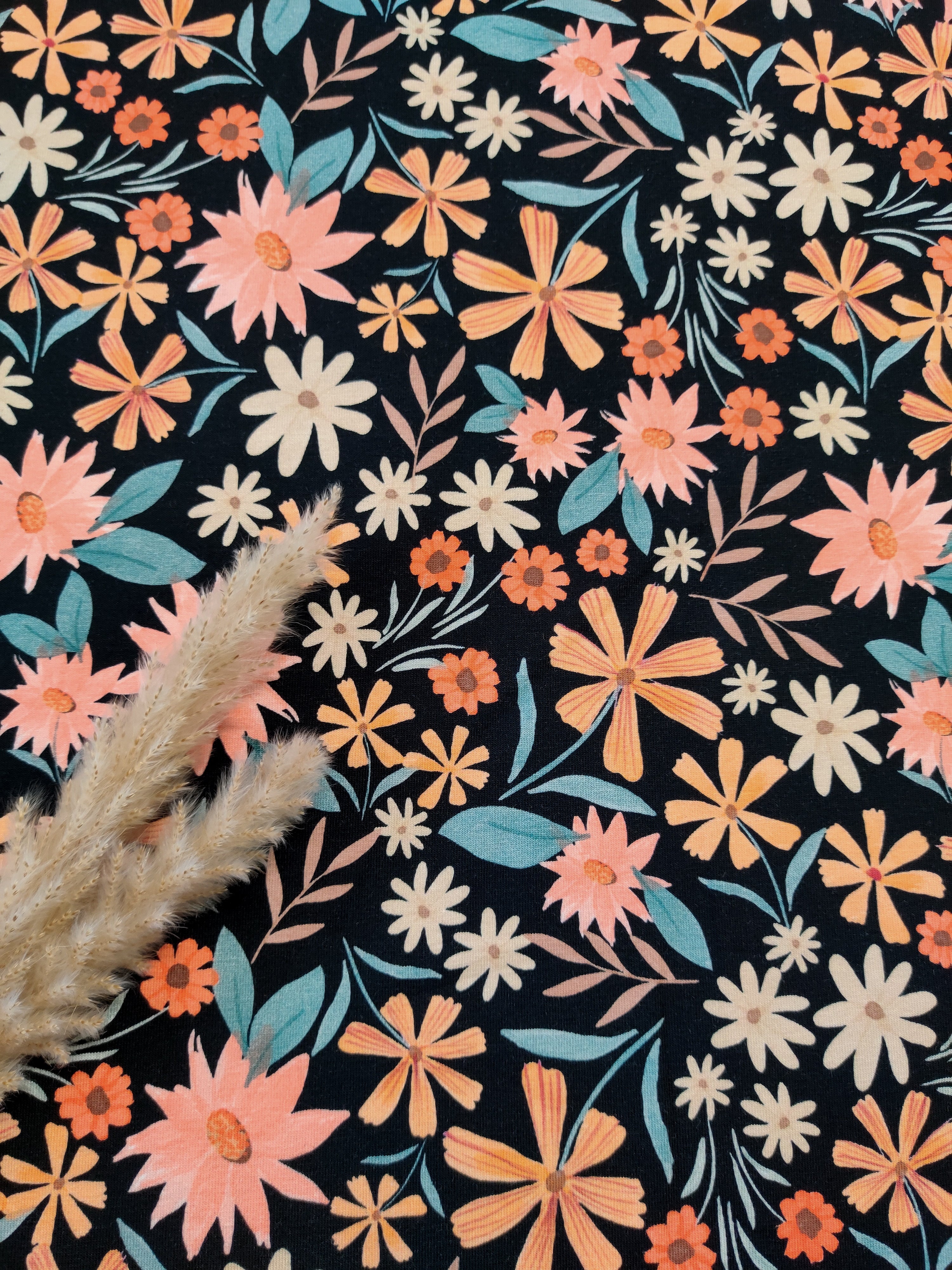 Jersey de coton noir - Fleurs en Fête