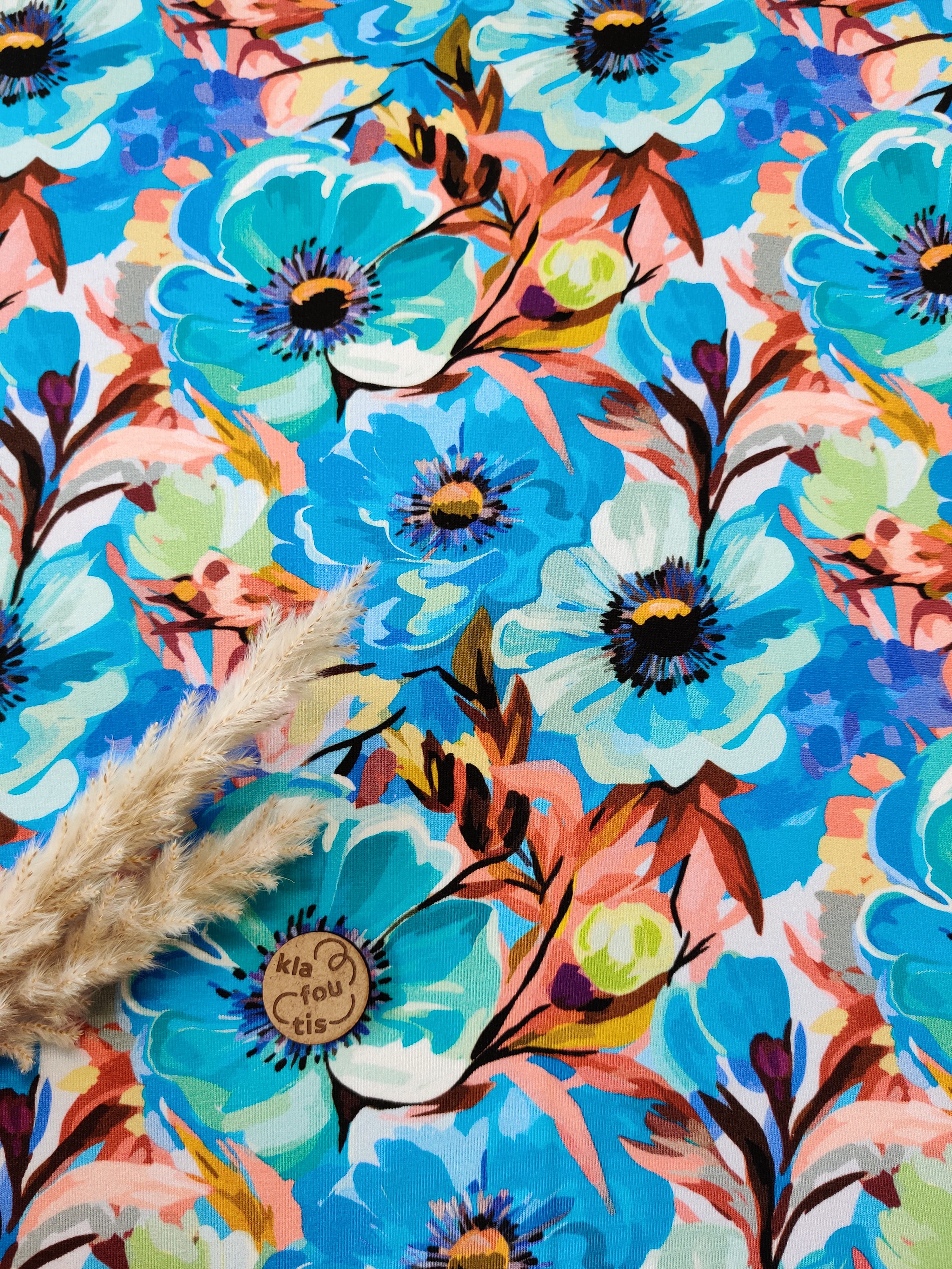 French Terry bleu - Pétales en feu
