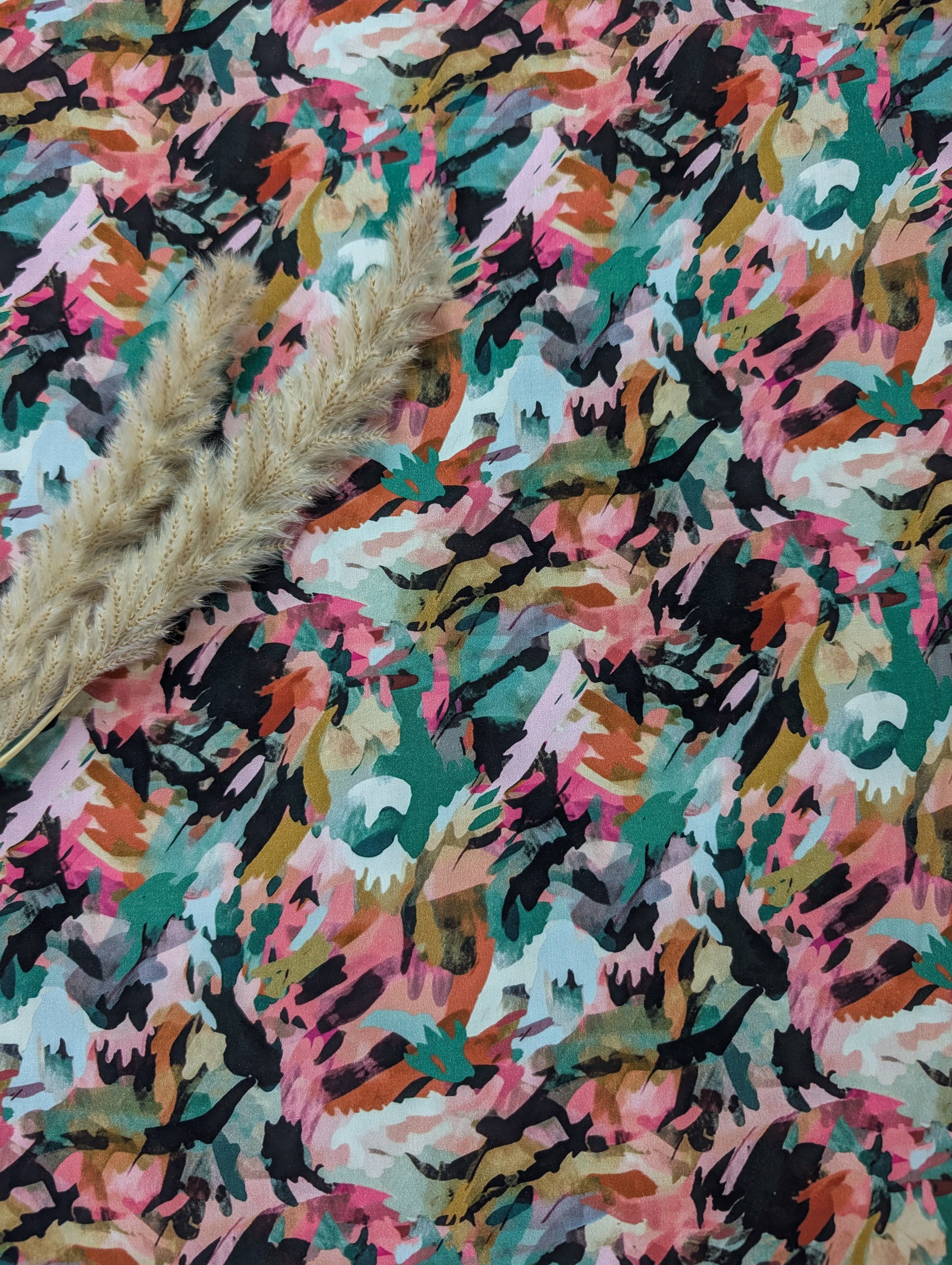 Popeline de viscose vert et rose - Tableau floral