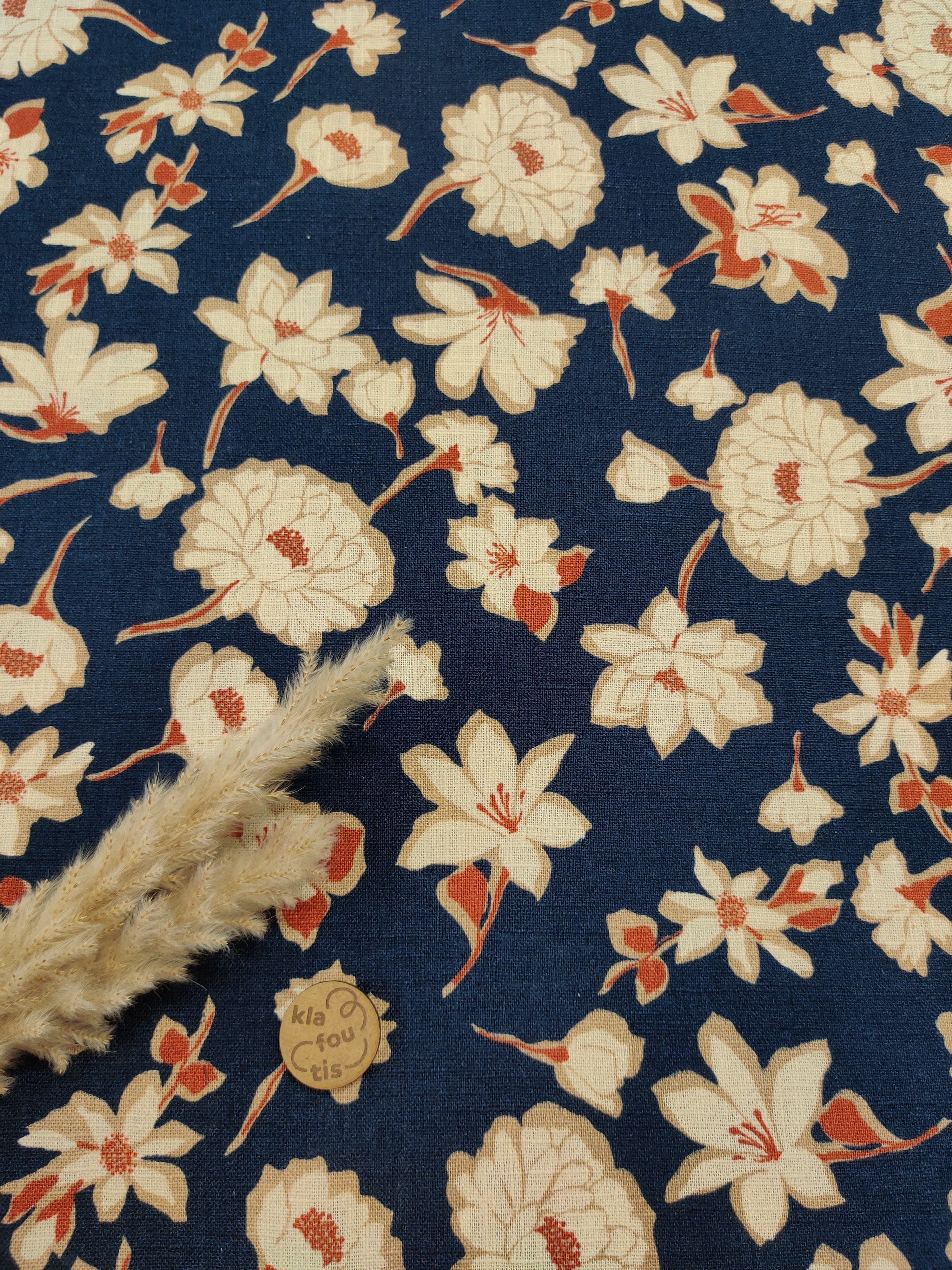 Lin coton bleu marine - Héritage en fleurs