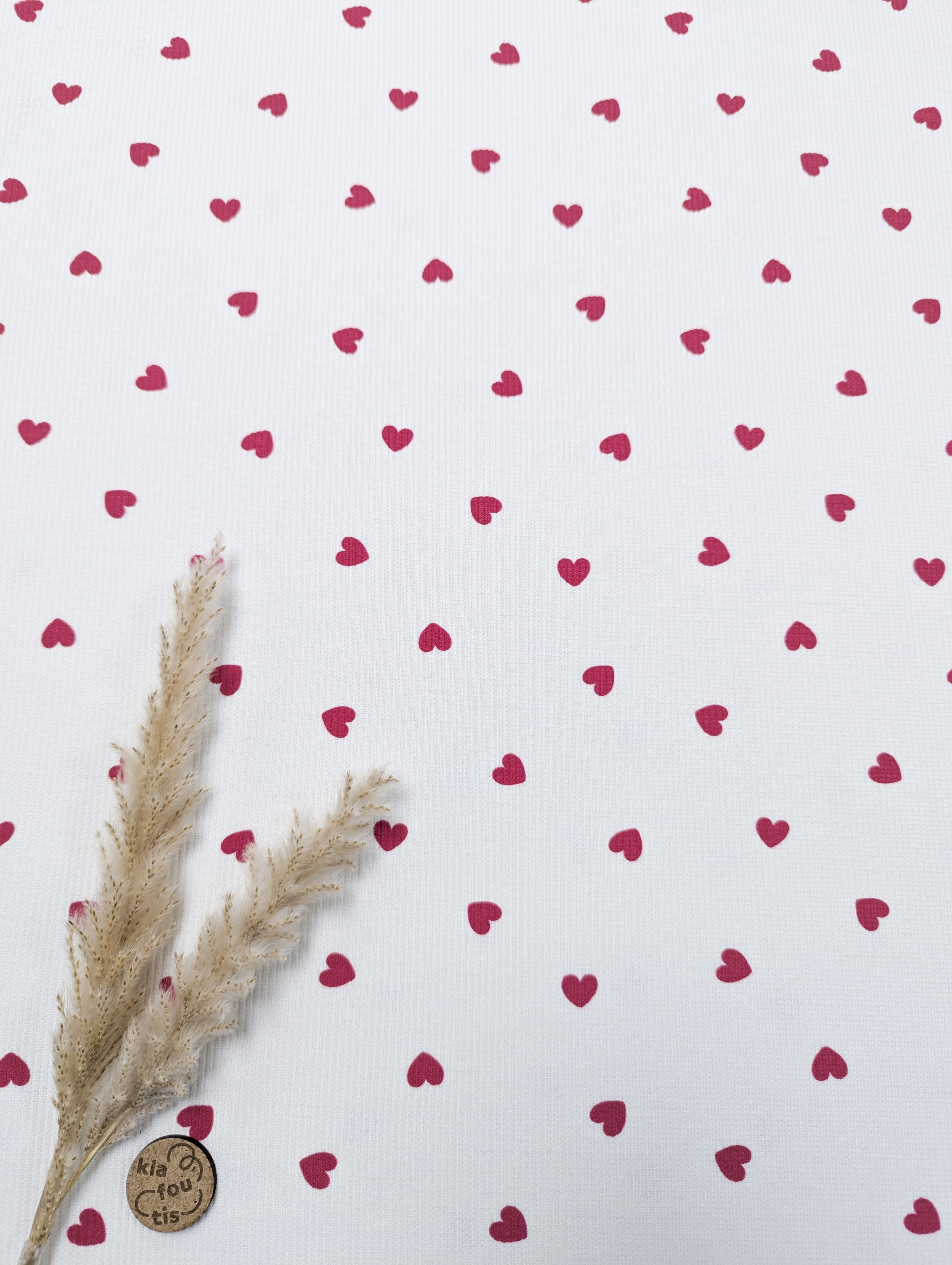Jersey de coton texturé ligné écru - petits coeurs rouges