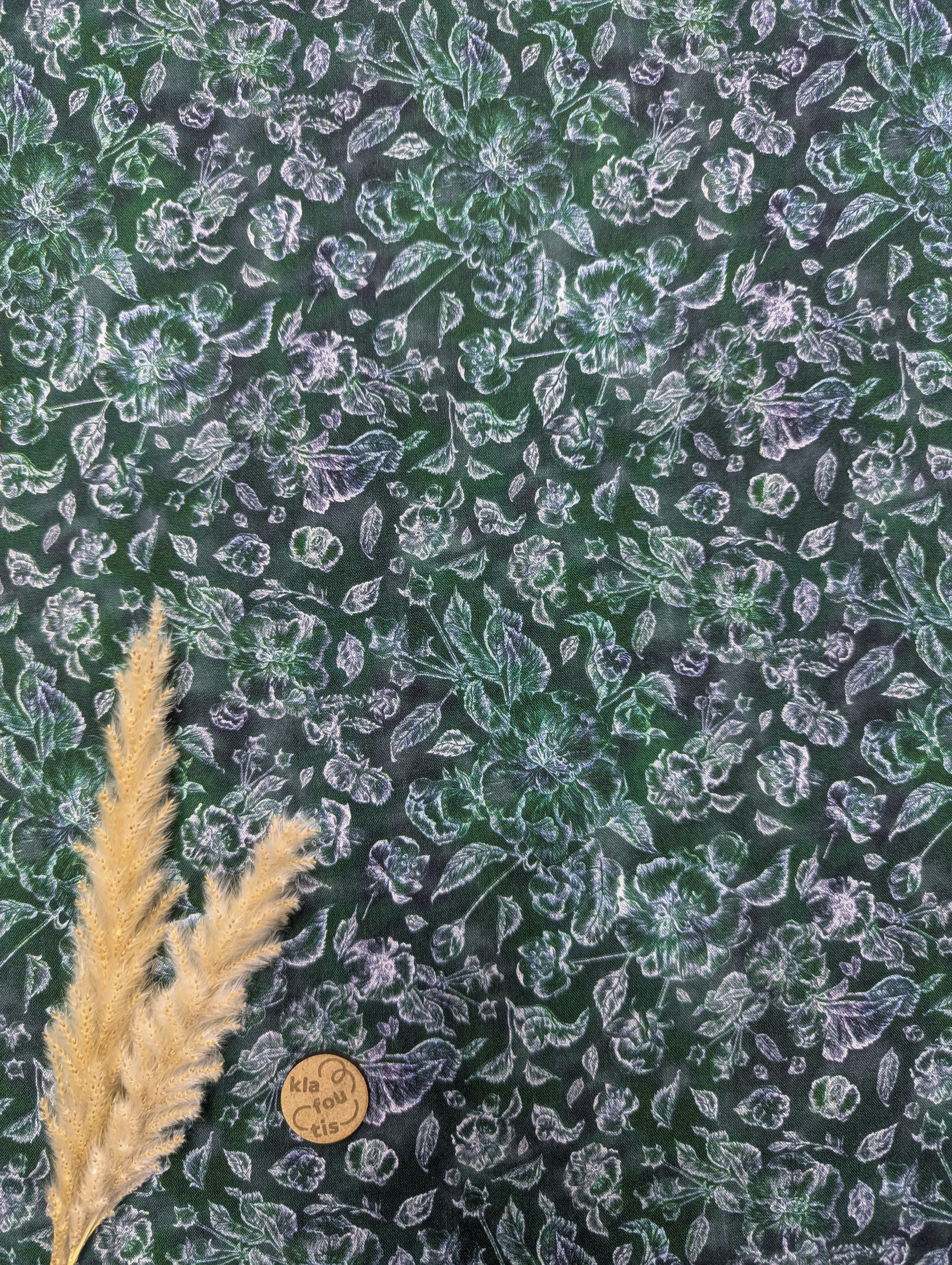 Popeline de viscose vert sapin - croquis floral