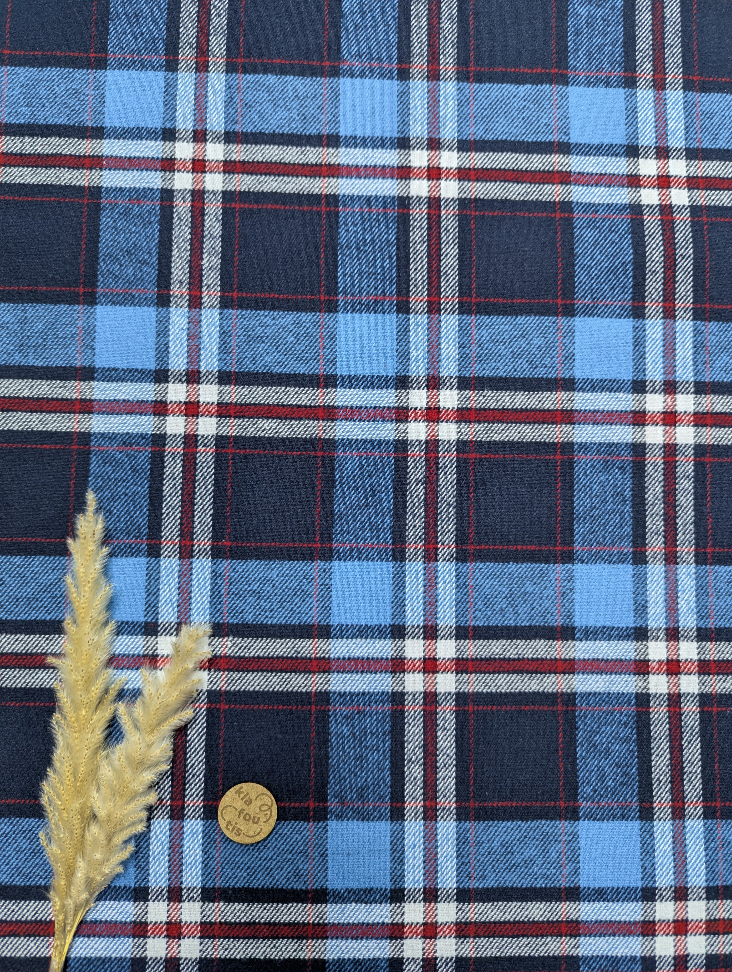 Flanelle de coton épaisse - tartan bleu jeans, pétrole et rouge