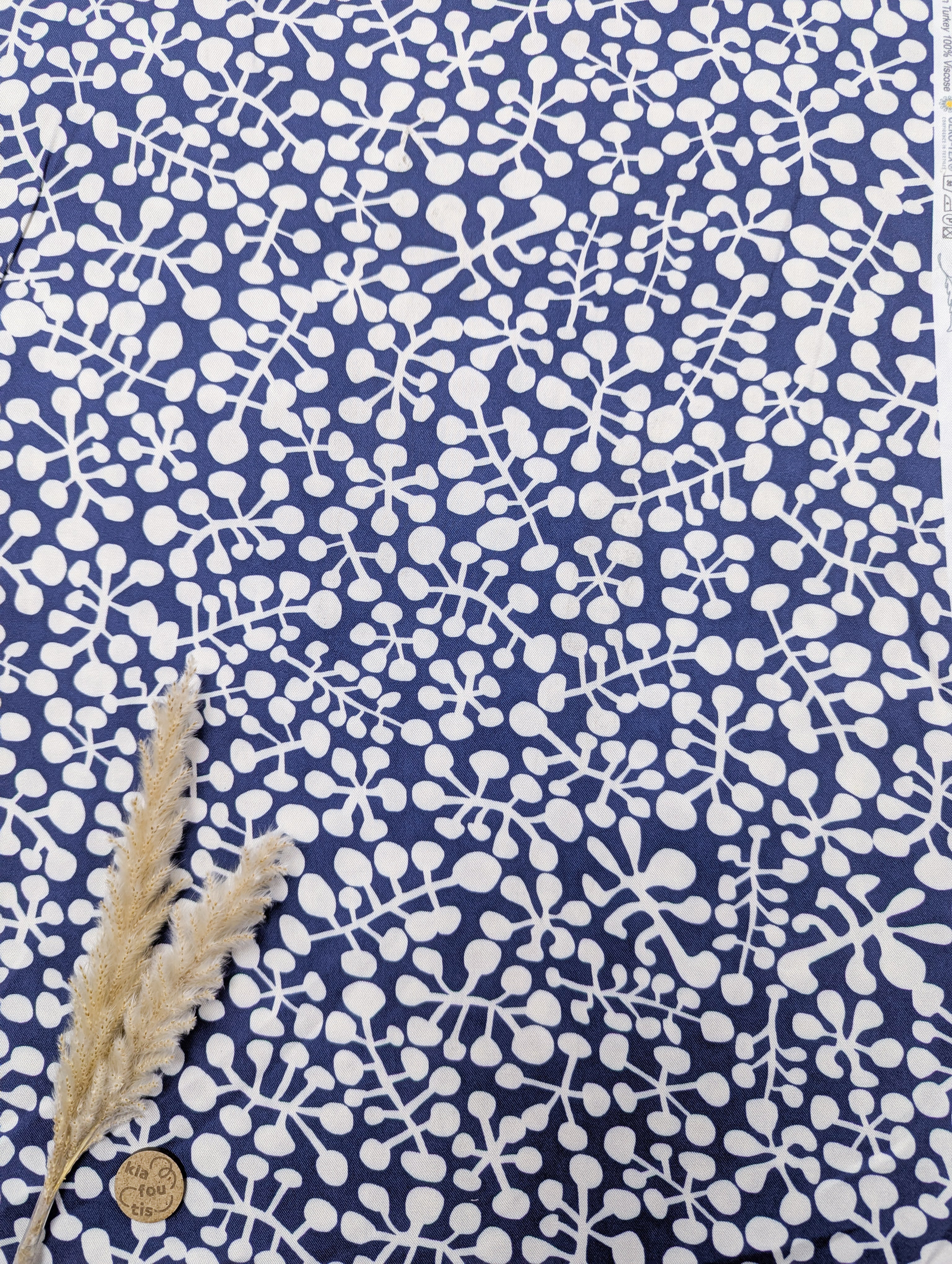 Twill de viscose bleu - Filigrane botanique