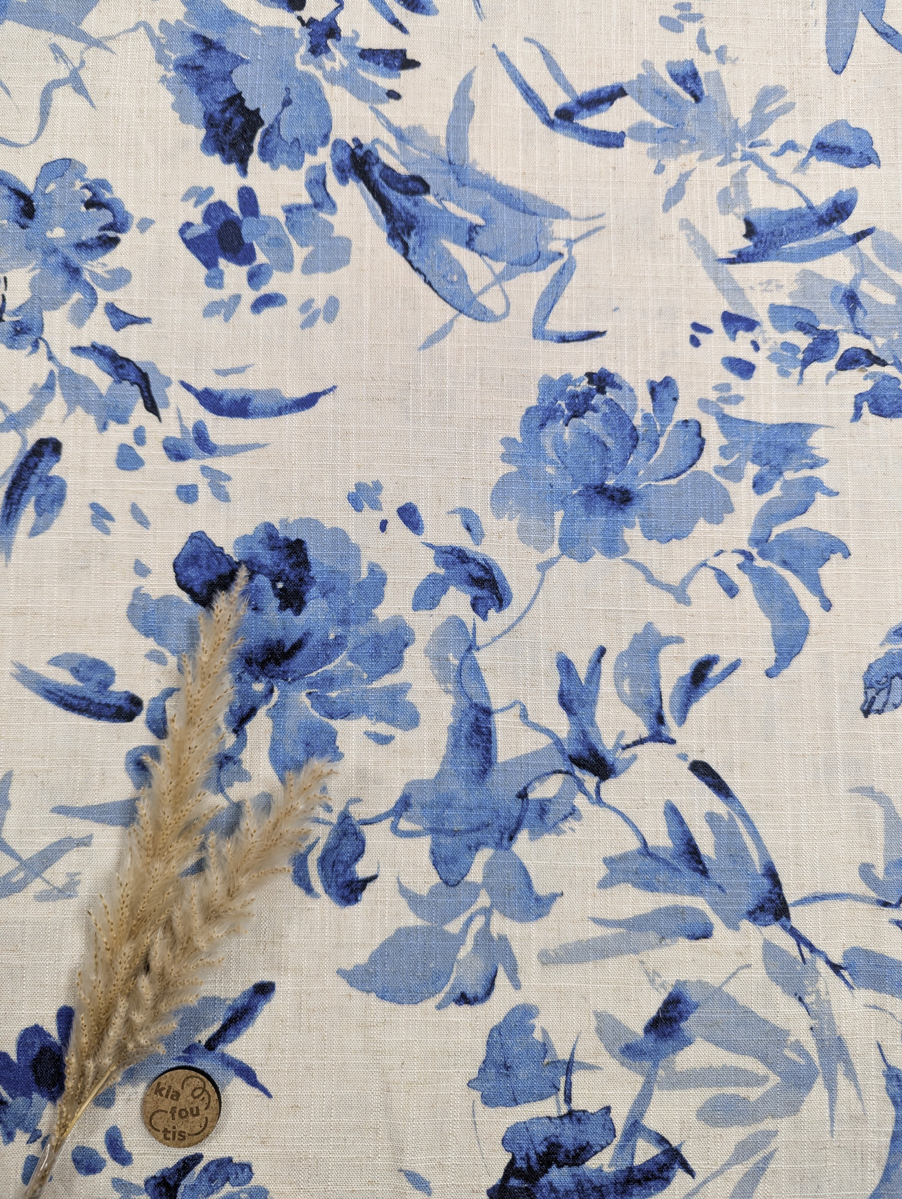 Lin viscose écru naturel - un poil fleur bleue