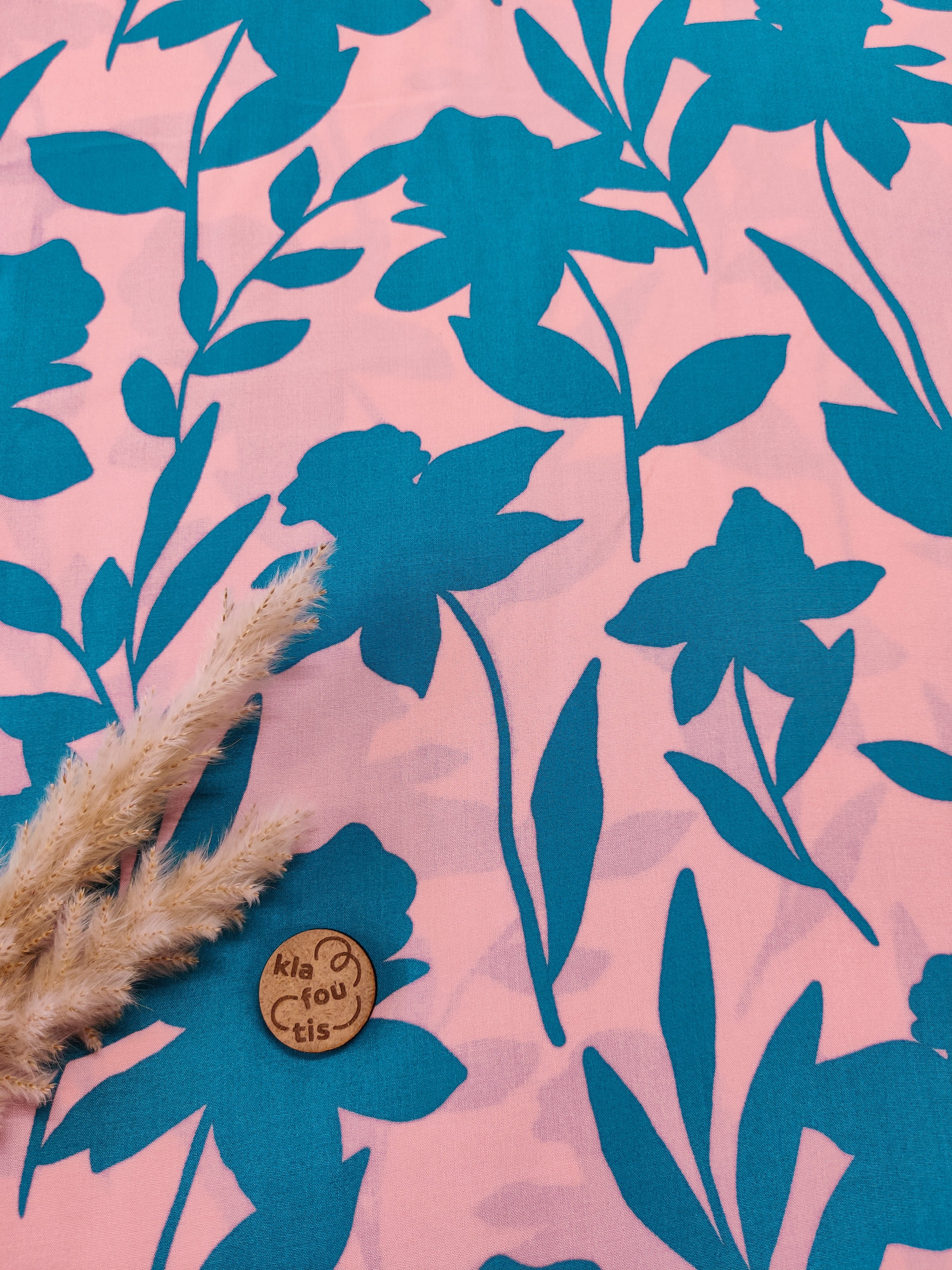 Popeline de viscose rose / bleu - Ombres fleuries