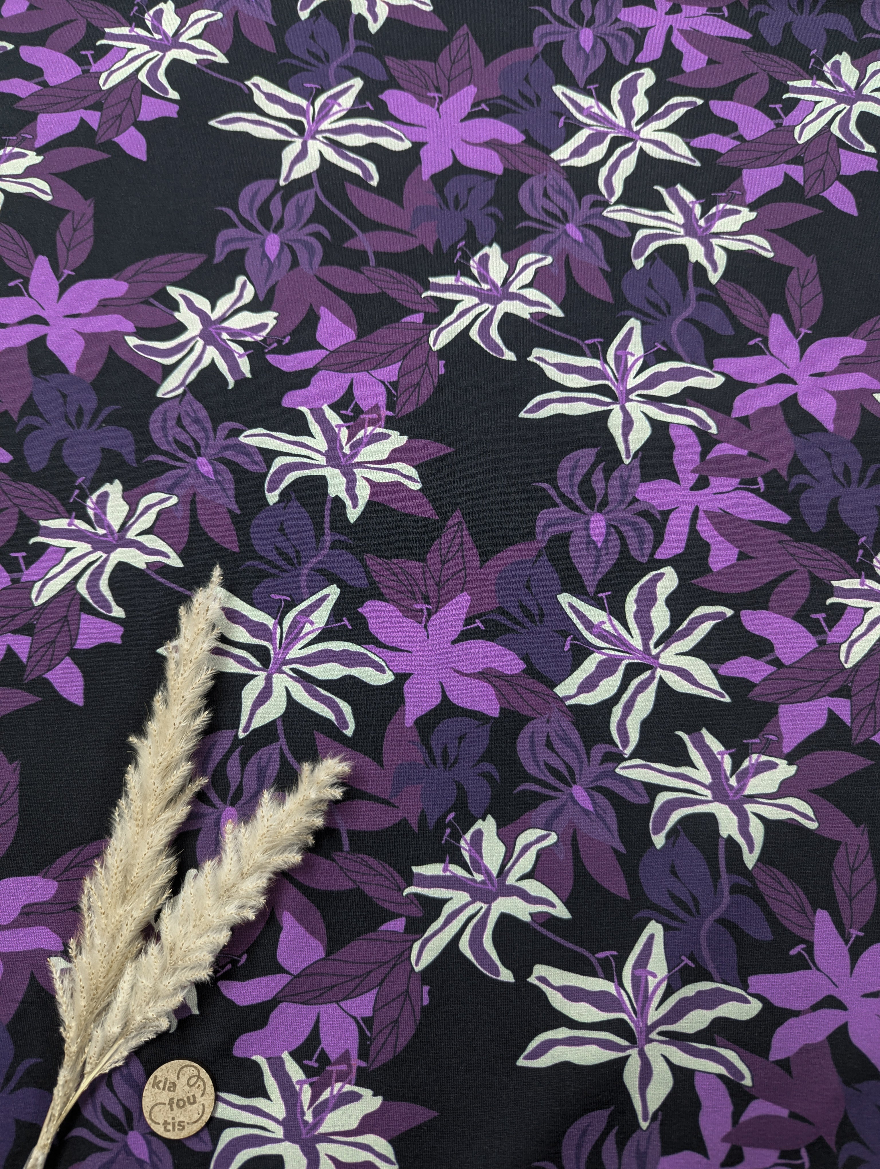 Jersey de coton noir - fleurs nocturnes