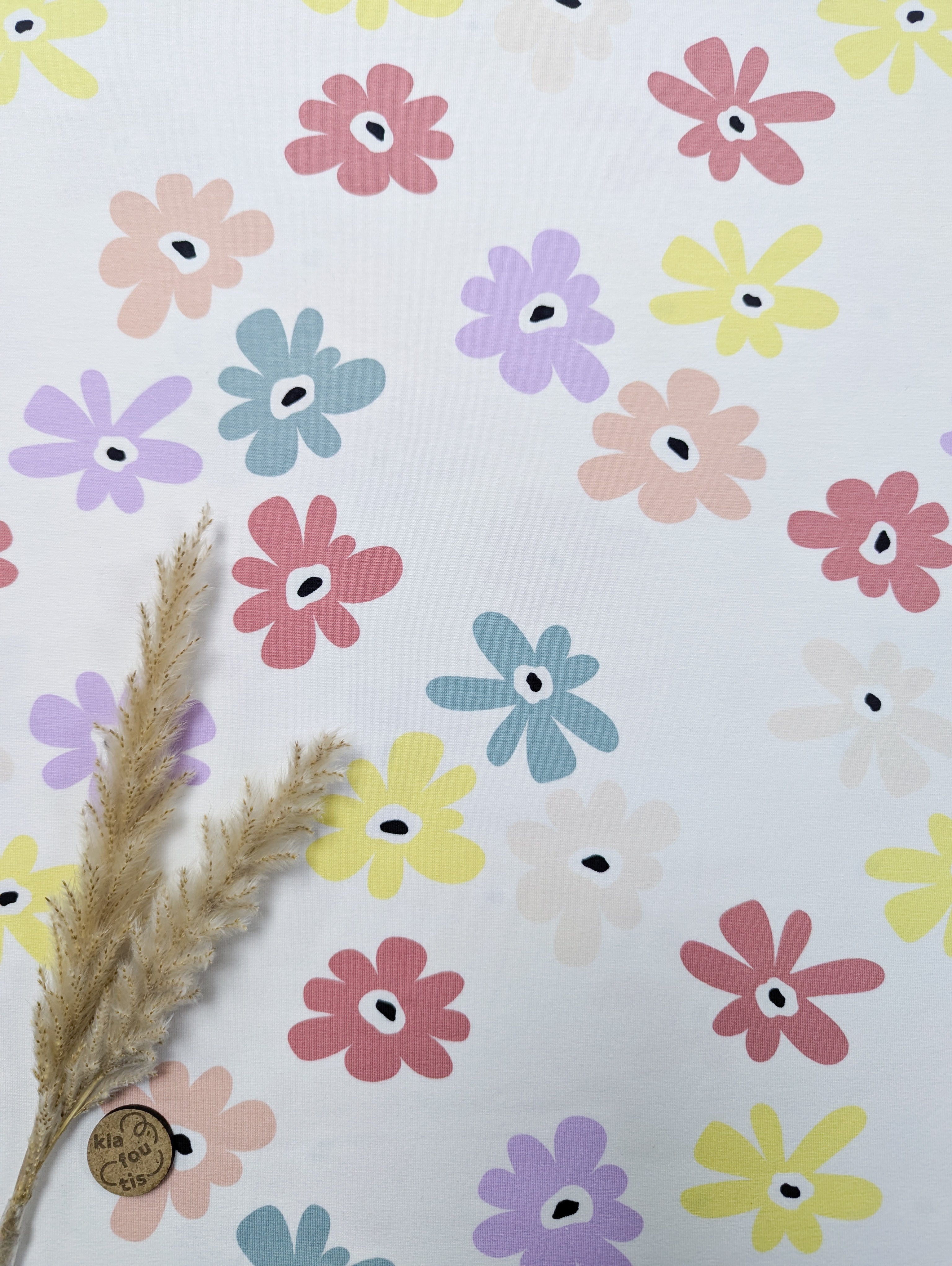 Jersey de coton écru - fleurs pastel