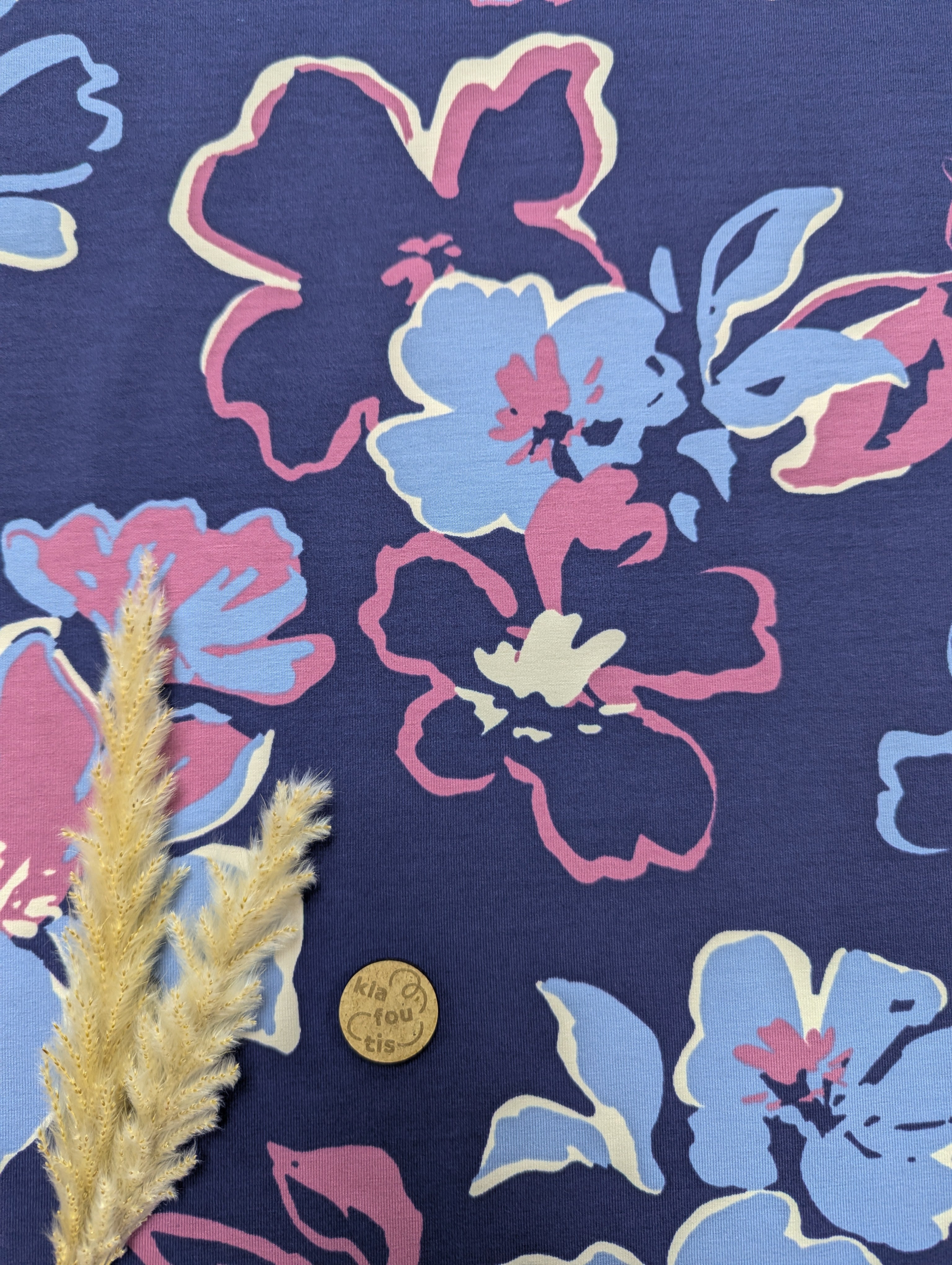 Jersey de coton bleu marine - douces fleurs