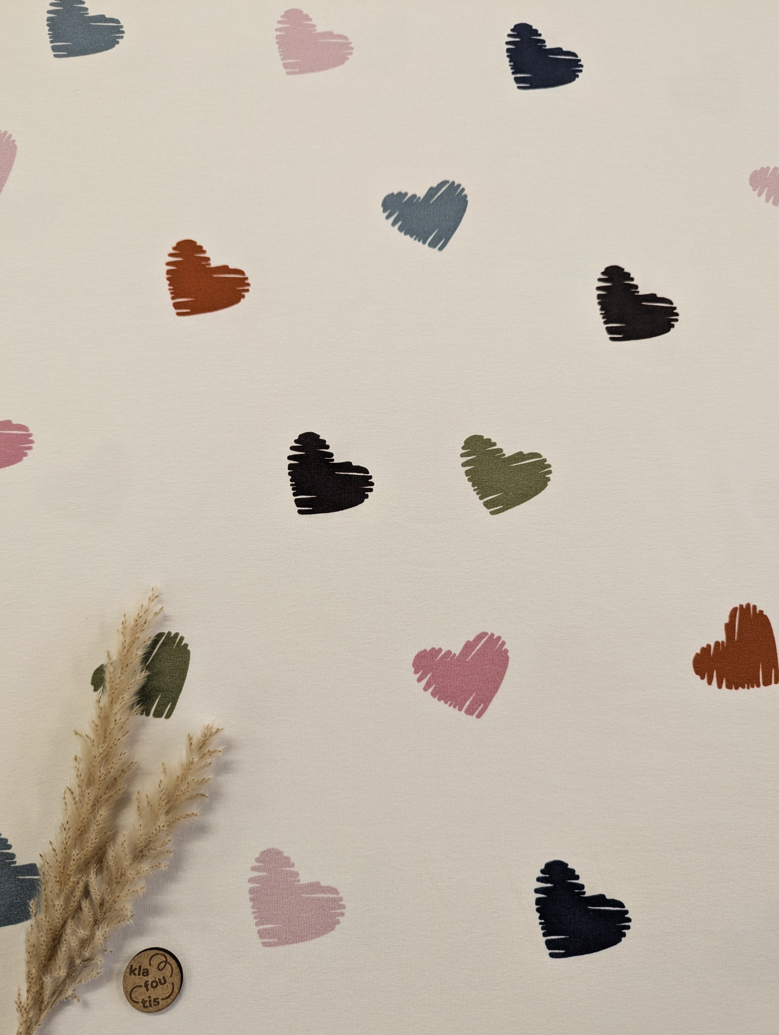 French Terry écru - coeurs multicolores