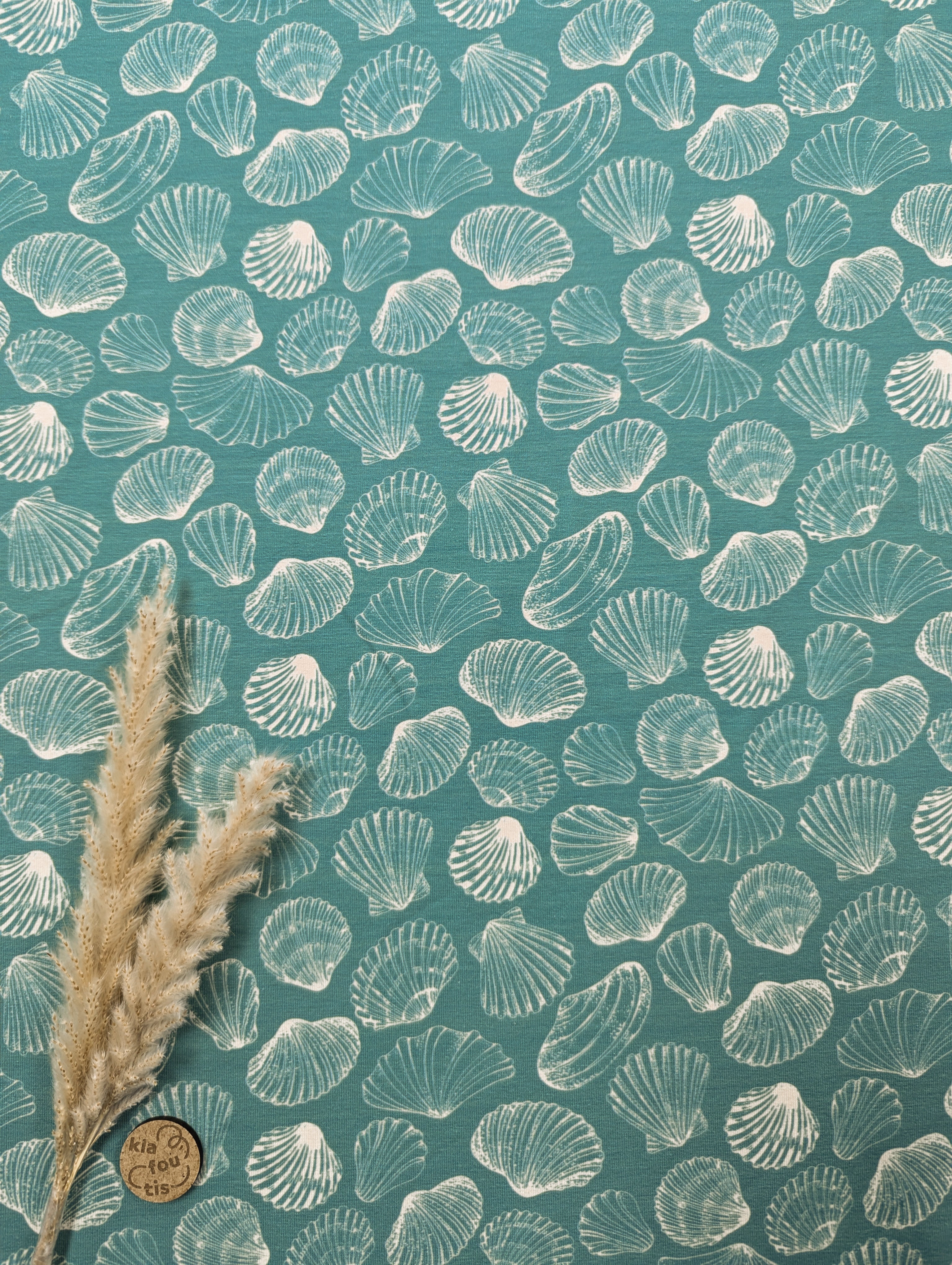 Jersey de coton turquoise - coquillages et crustacés