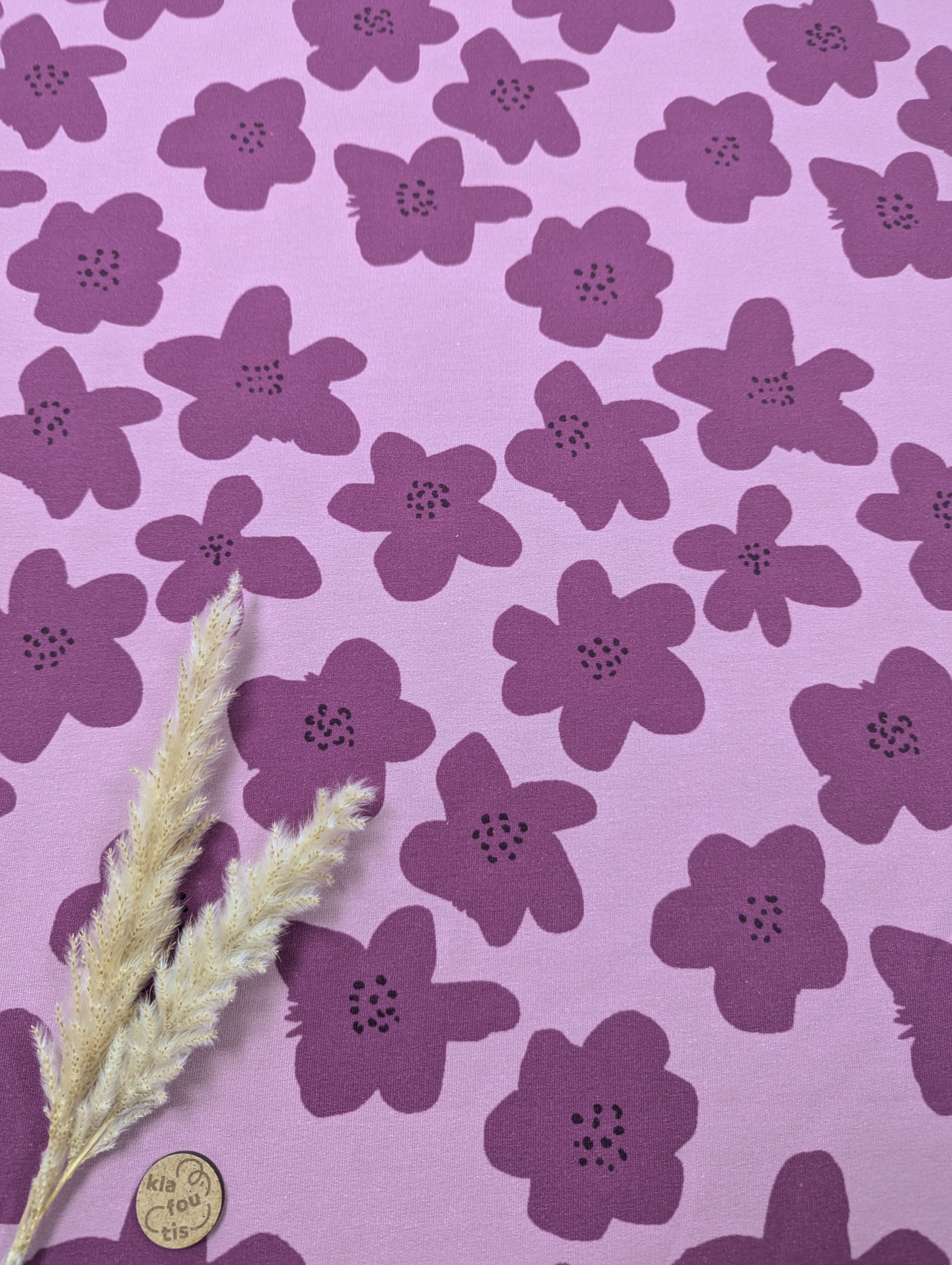 French Terry brossé vieux mauve -fleurs tamponnées