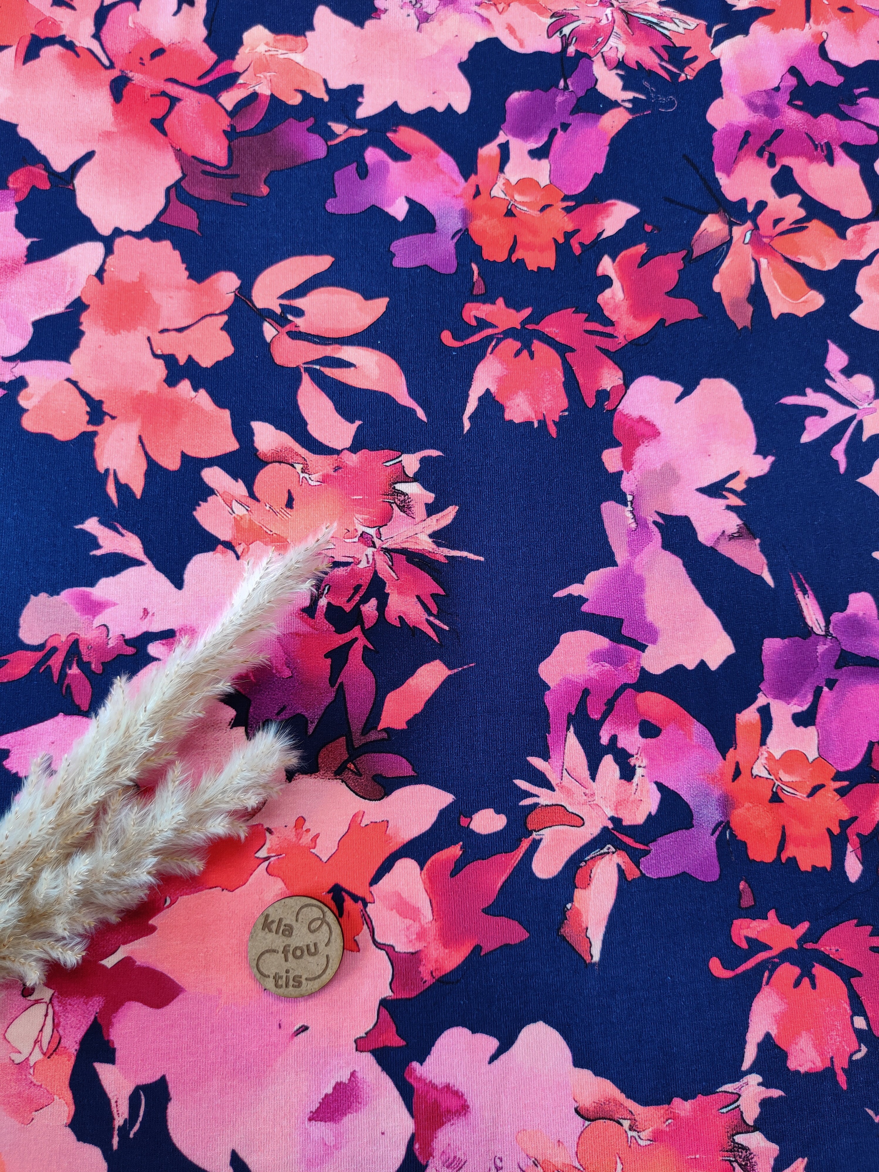 Jersey de coton bleu marine - Floraison incandescente