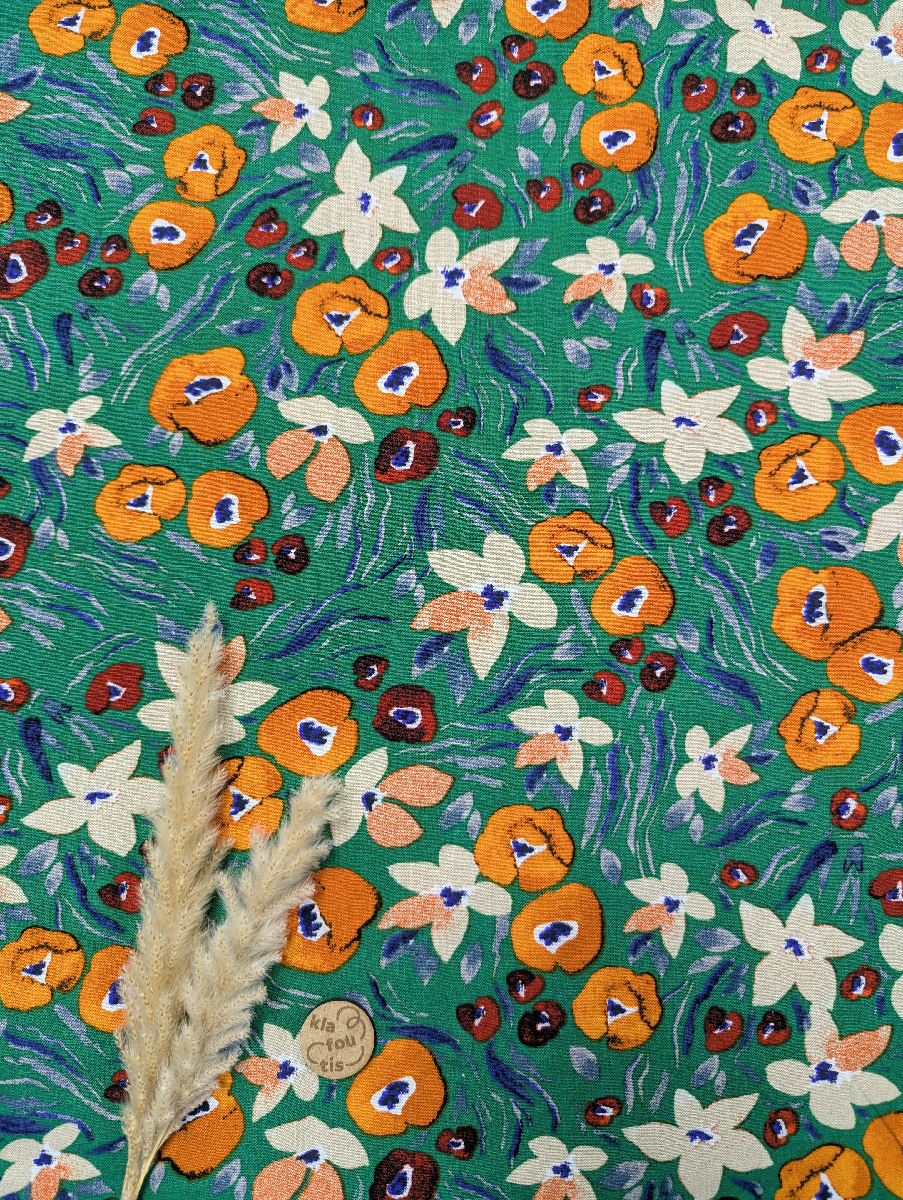 Popeline de viscose verte - floraison joyeuse