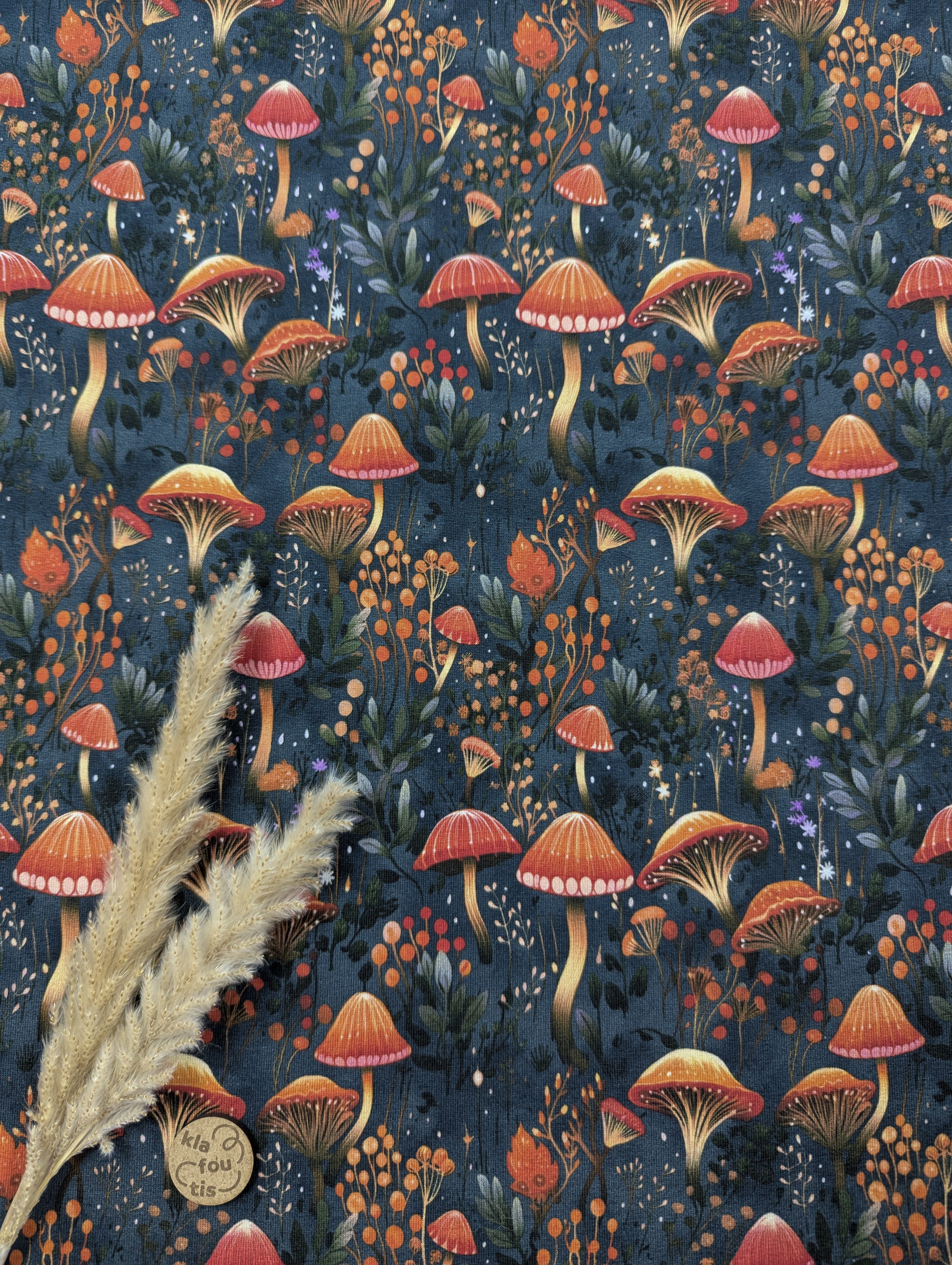 French Terry bleu gris foncé - champignons d