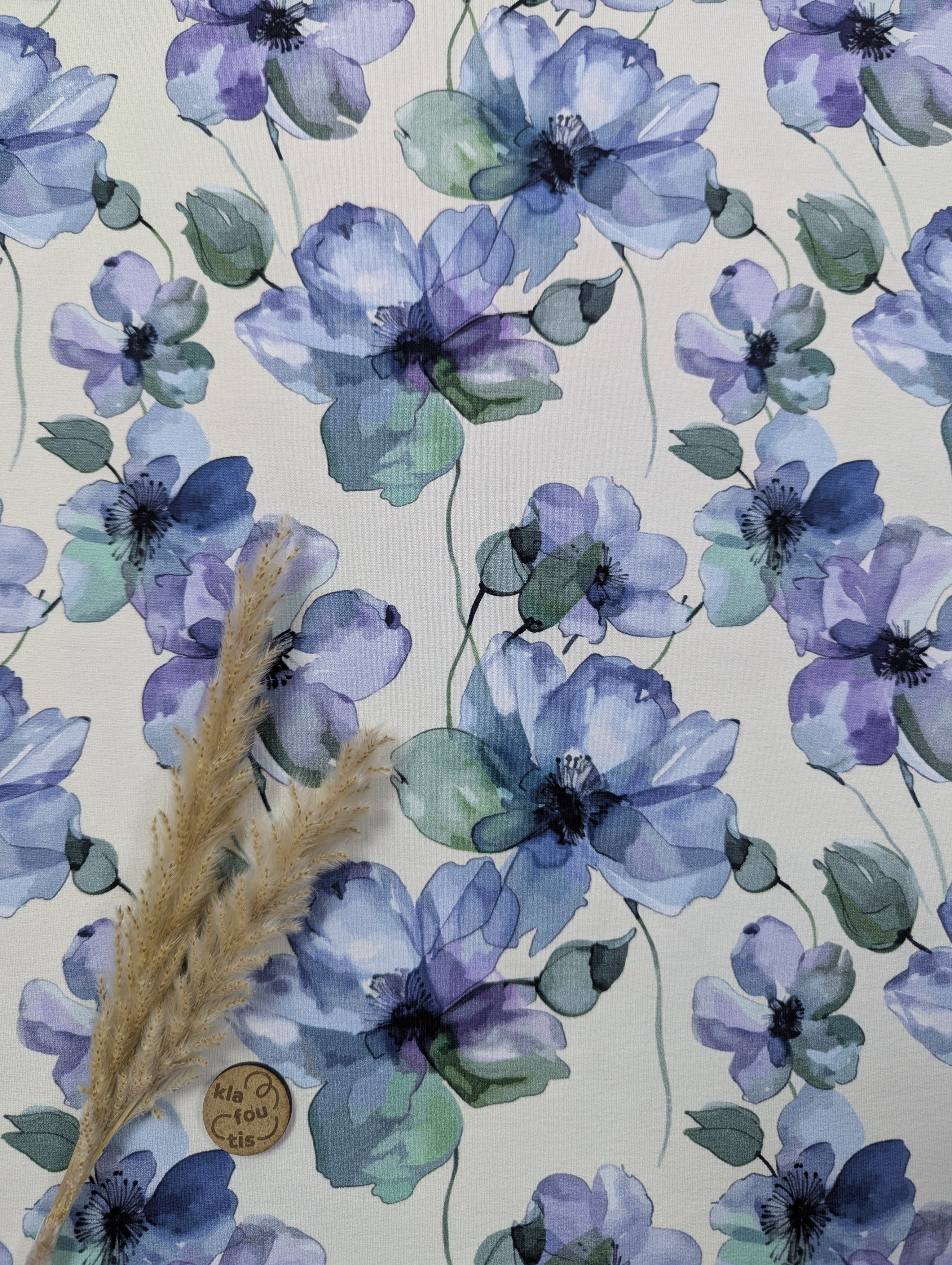 French Terry BIO écru - un poil fleur bleue