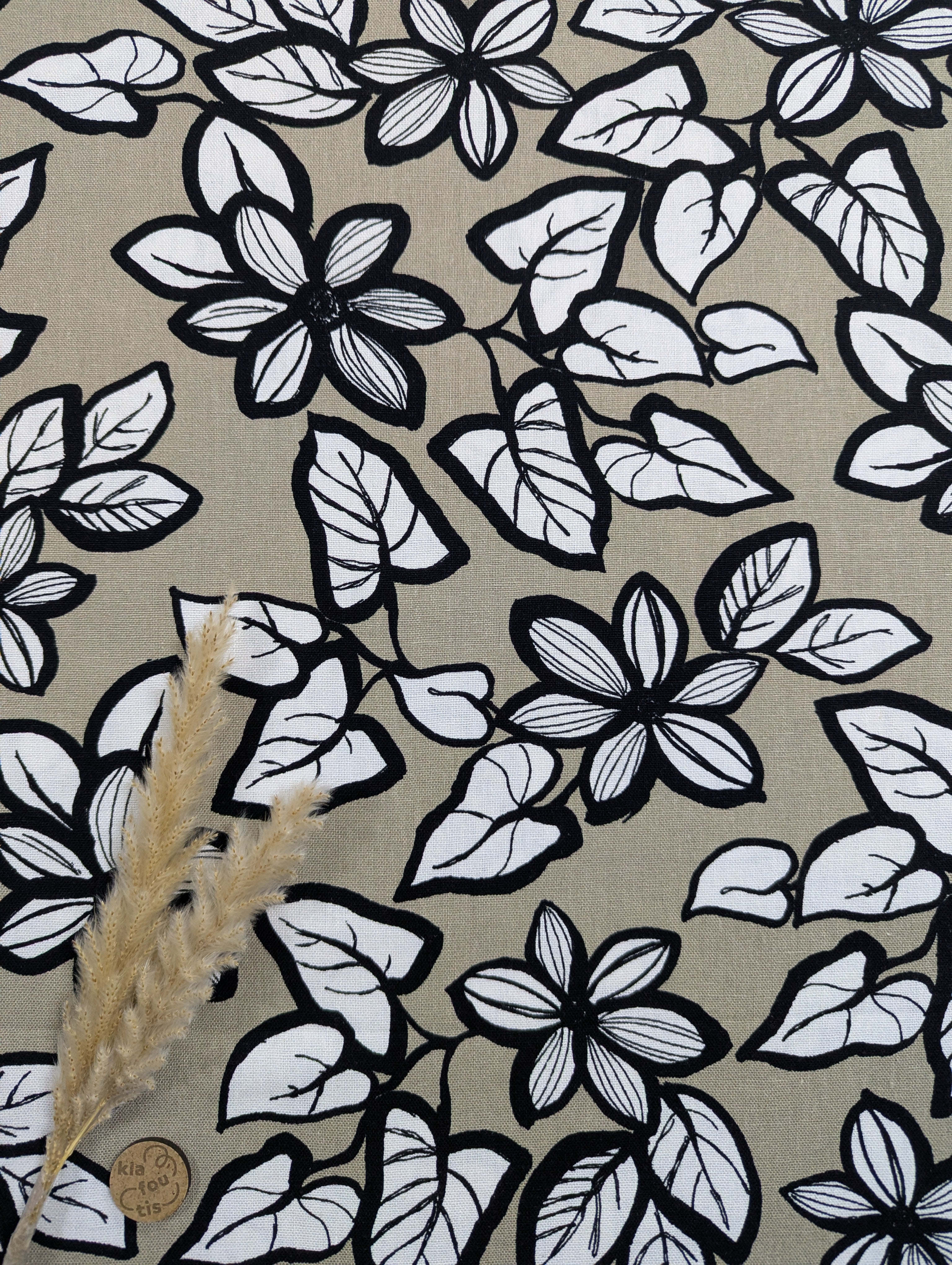 Lin viscose coton taupe - traits de feuilles