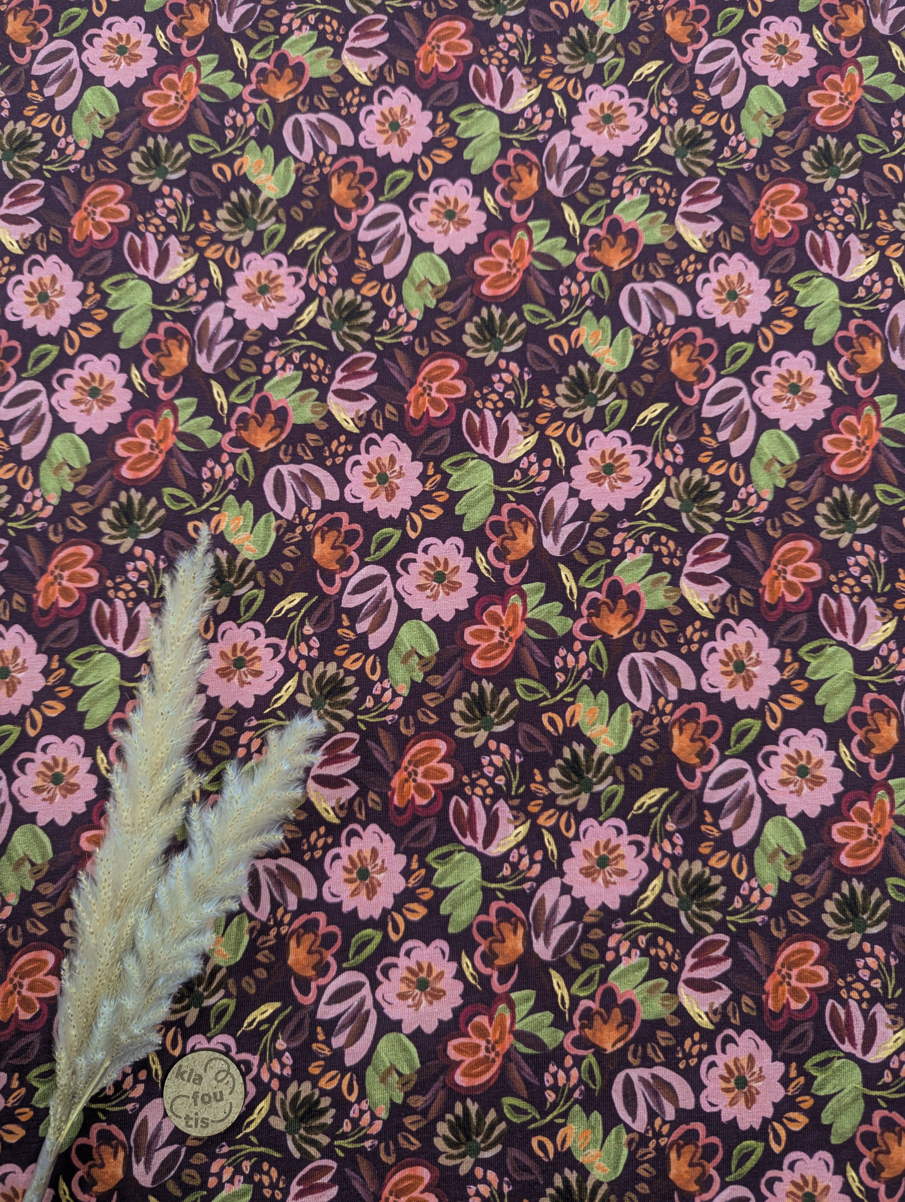 Jersey de coton bordeaux - floral naturel
