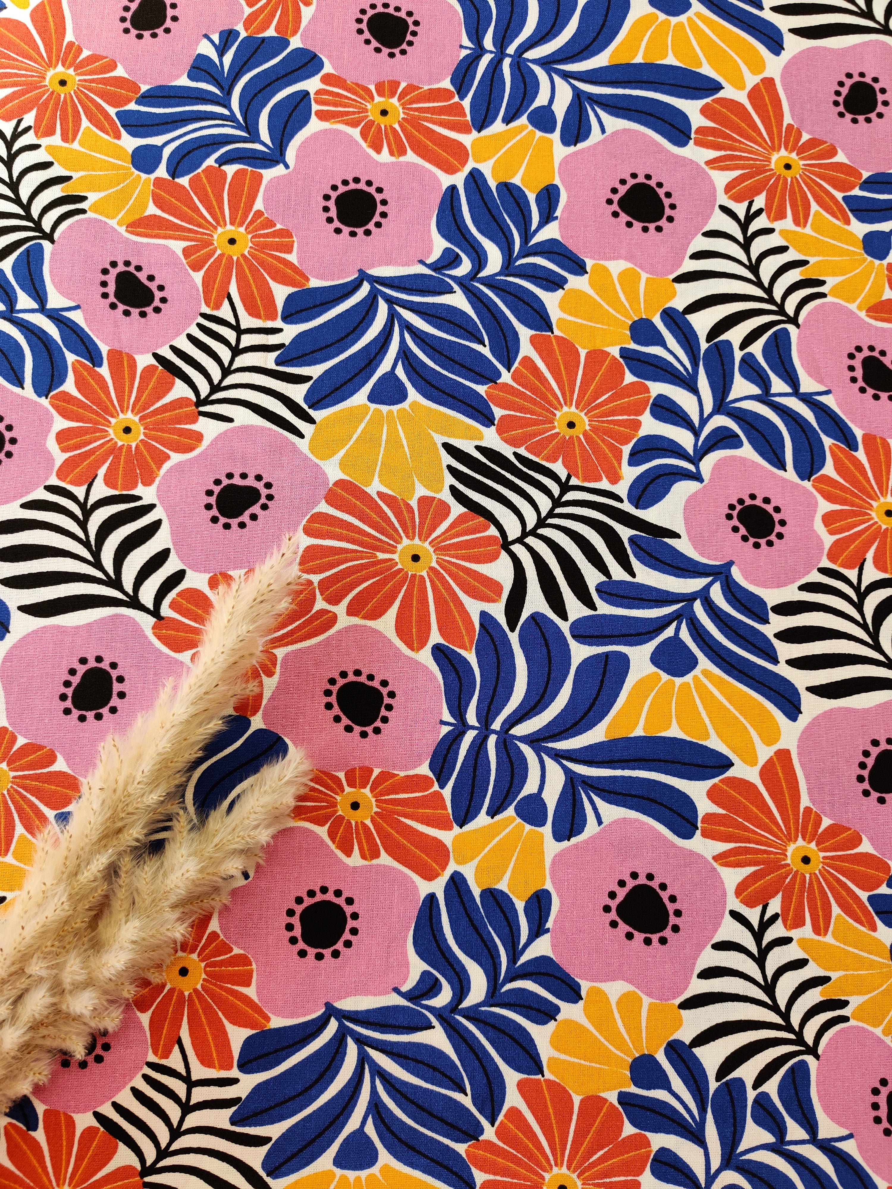 Popeline de coton écru - Fleurs en fête