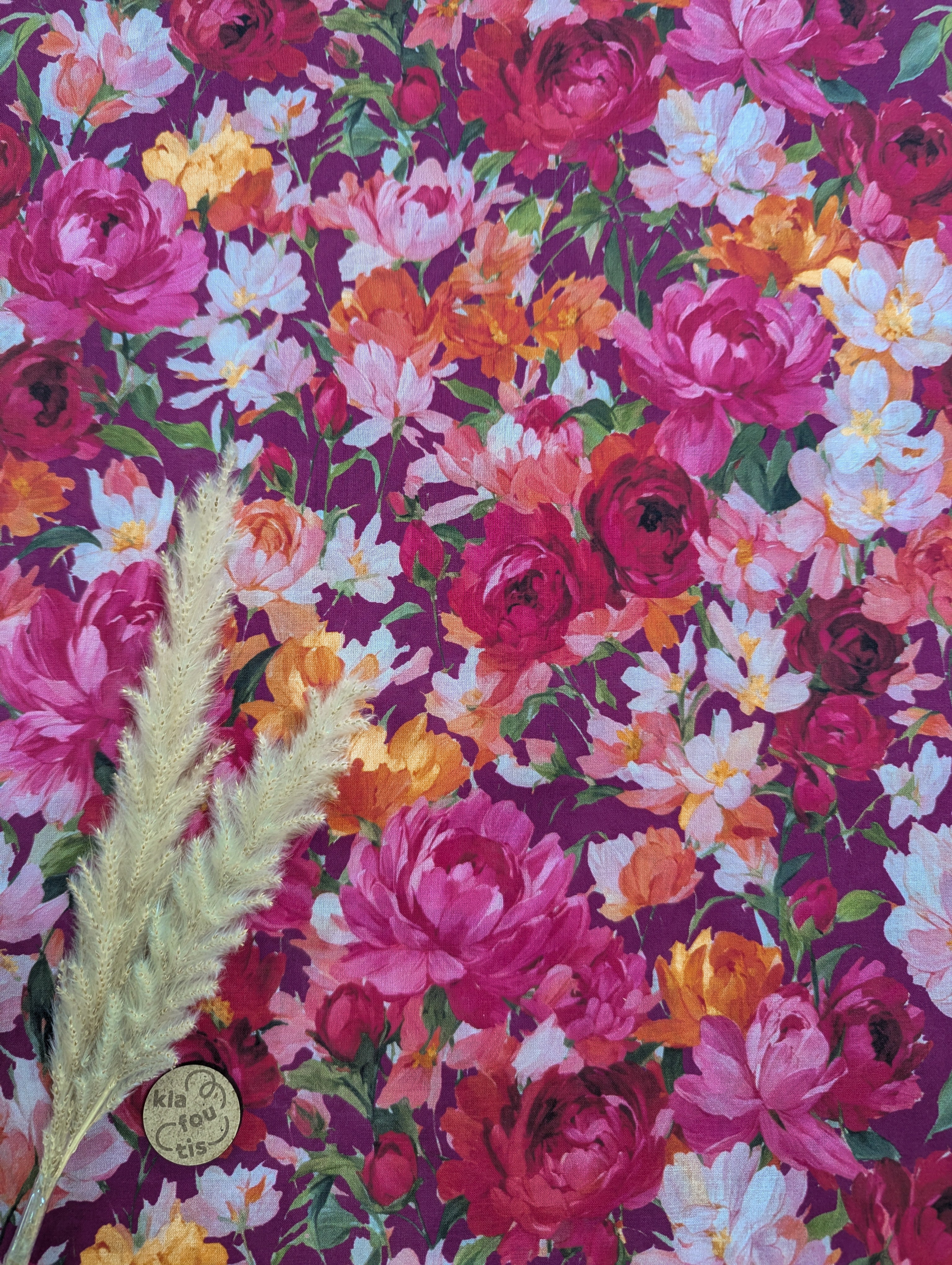 Voile de coton lie de vin - bouquet floral