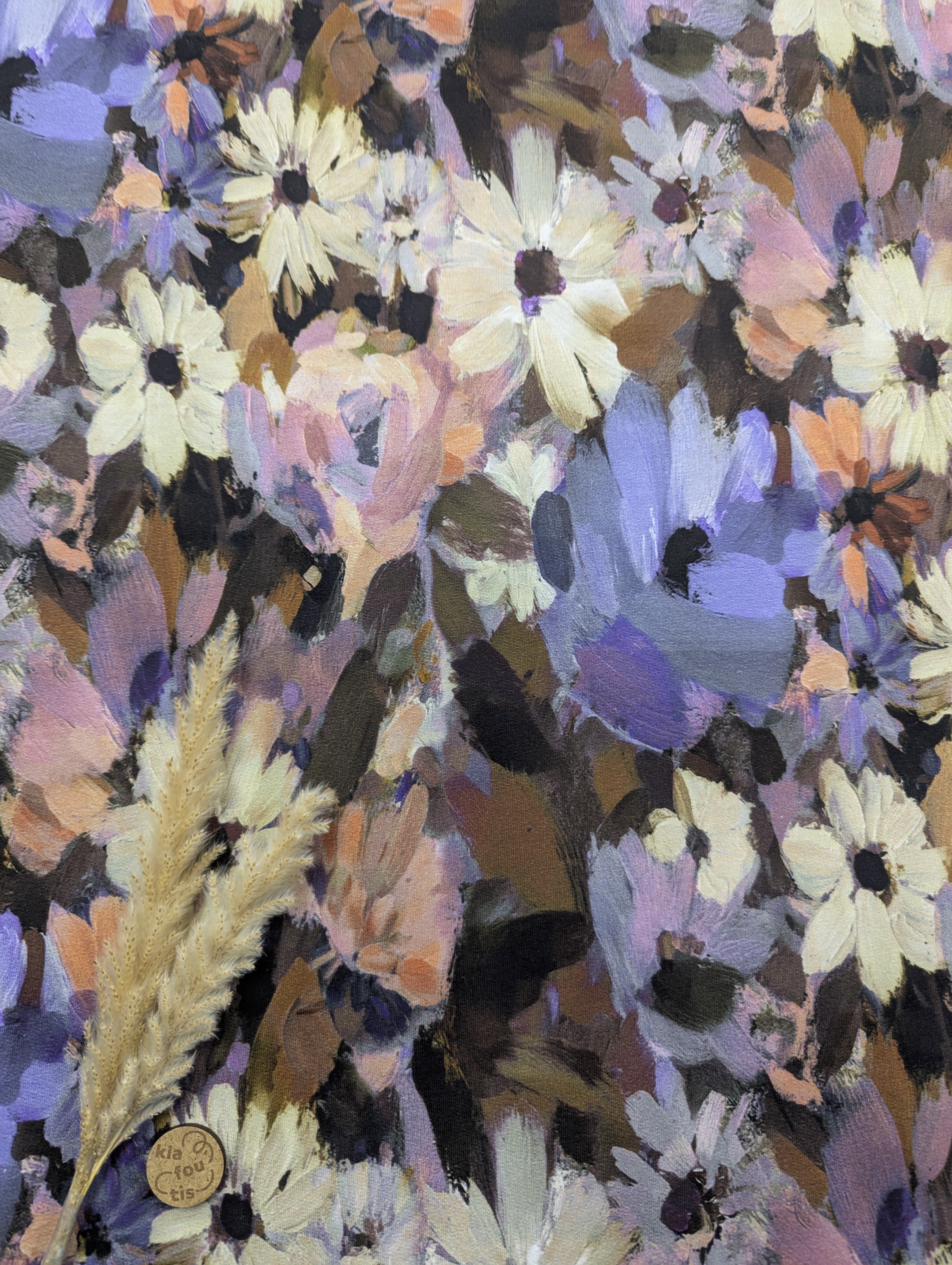 French terry - tableau floral - tons bleu-mauve