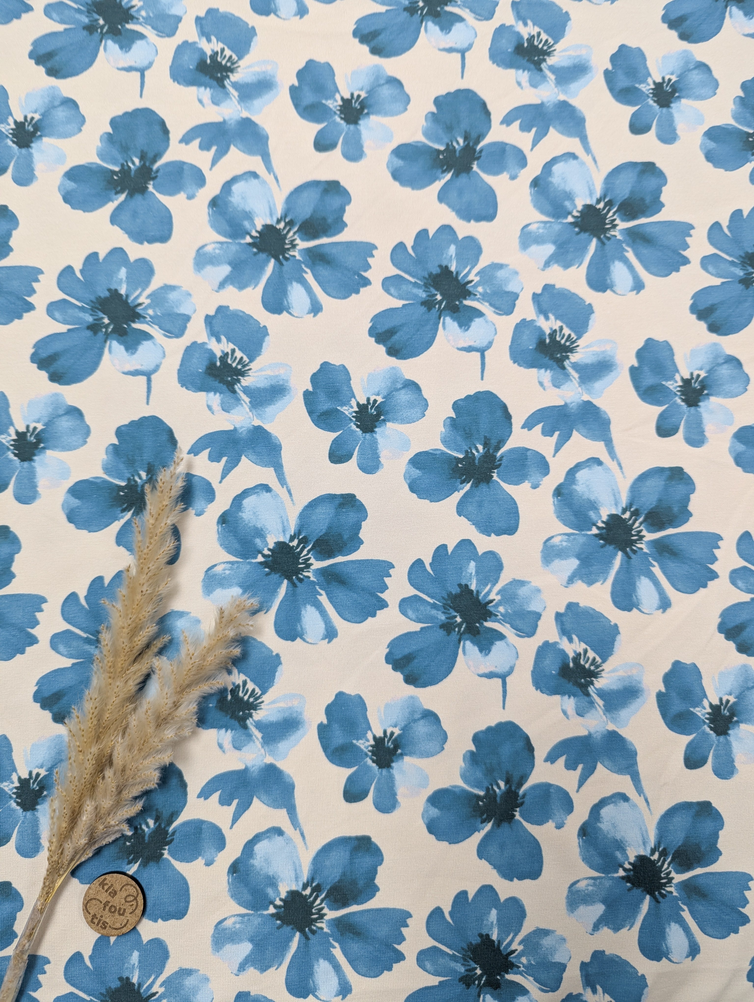 Jersey de coton crème - floraison aqua