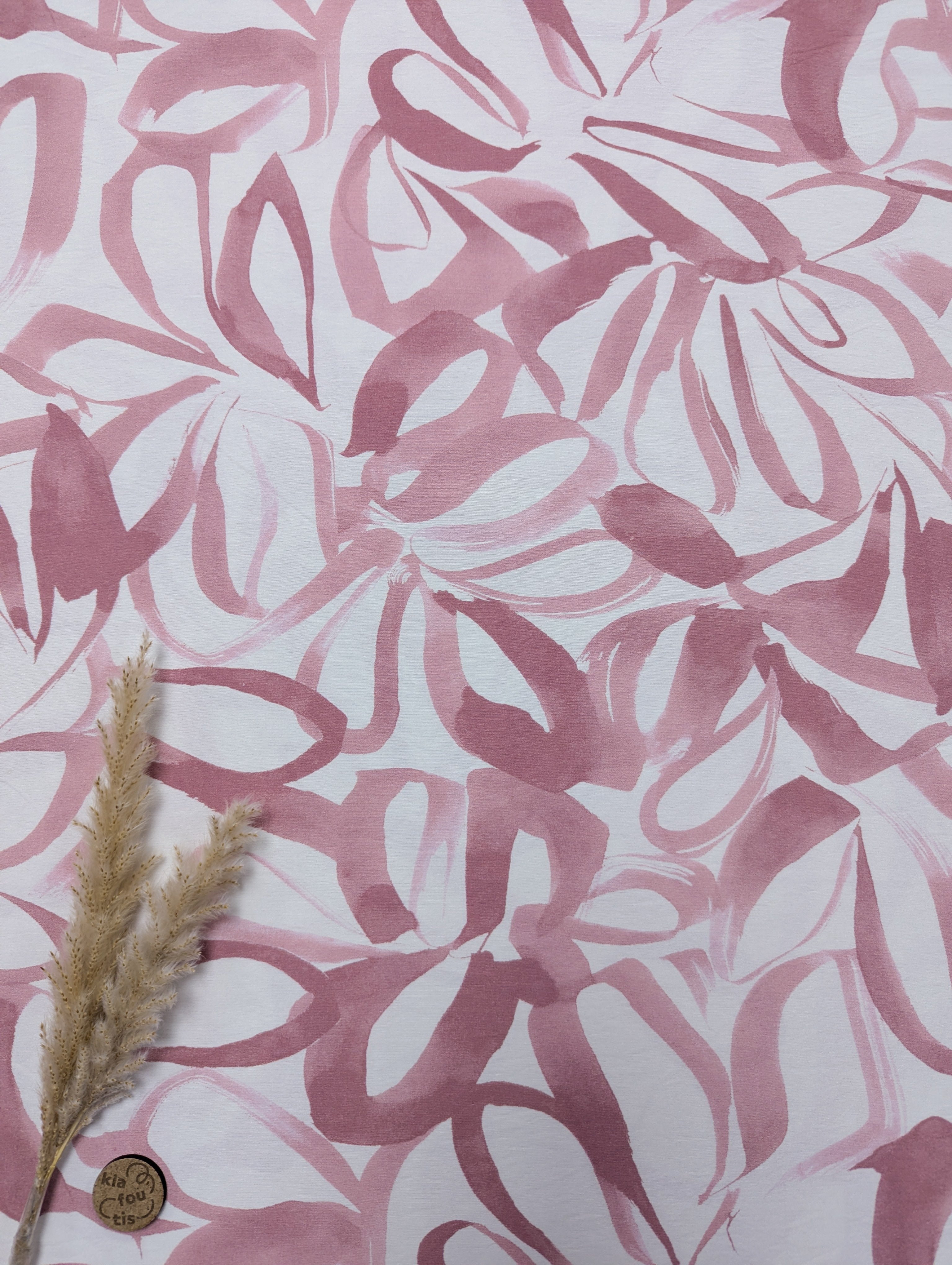 Popeline de viscose écru - traits fleuris rose