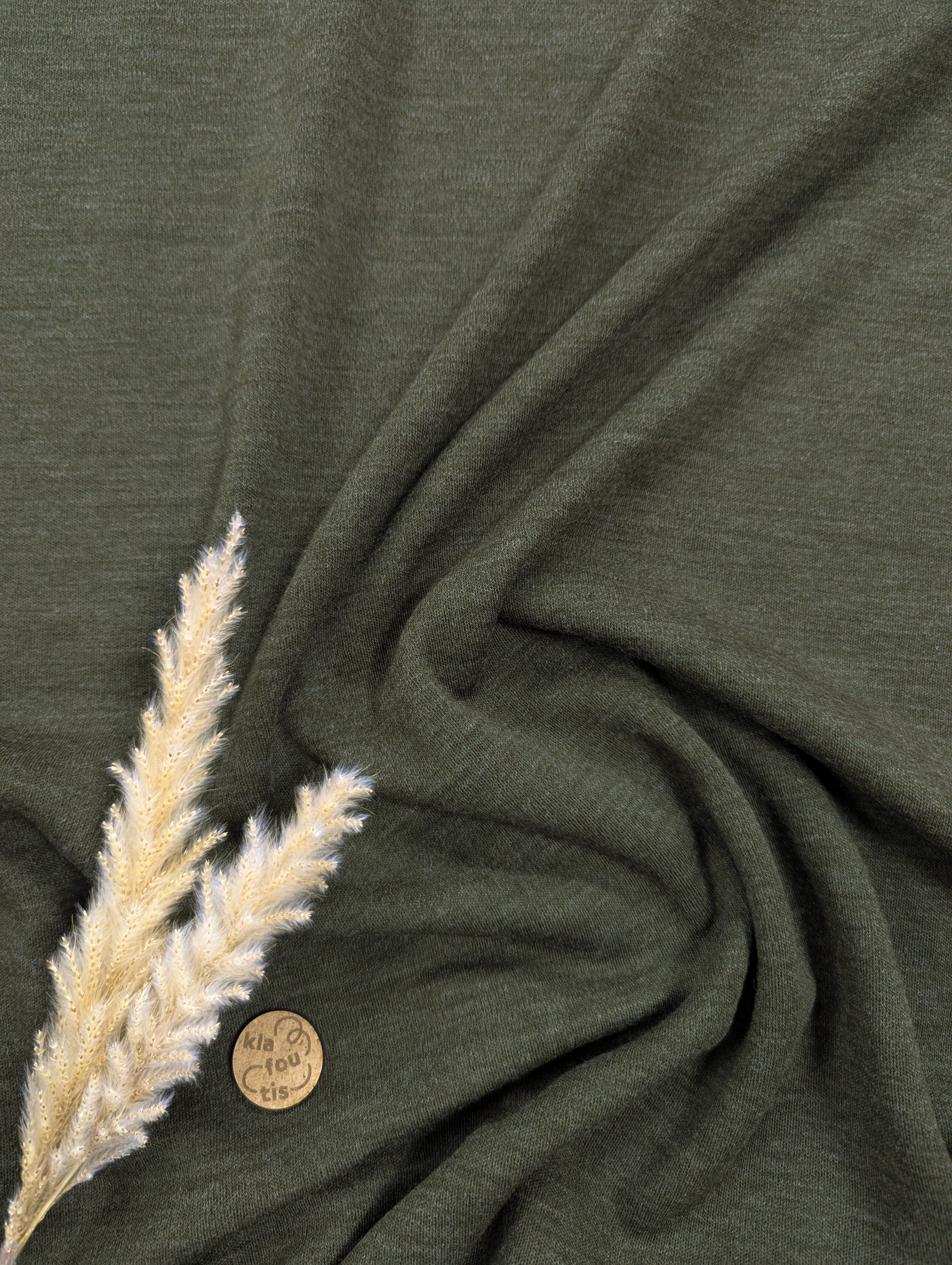 Jersey interlock 100% laine mérinos kaki chiné - TISSU D