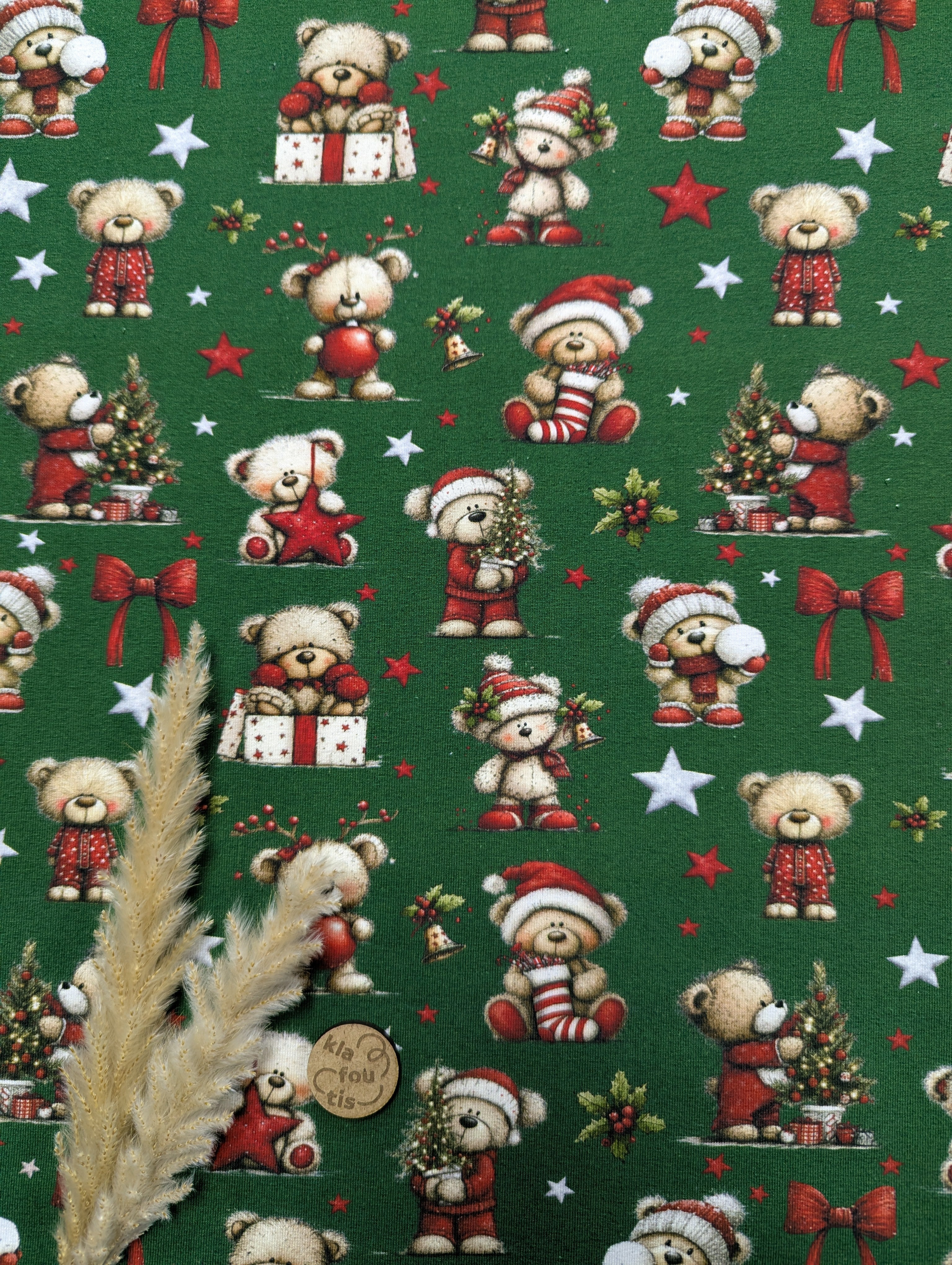 Jersey de coton vert - oursons de Noël