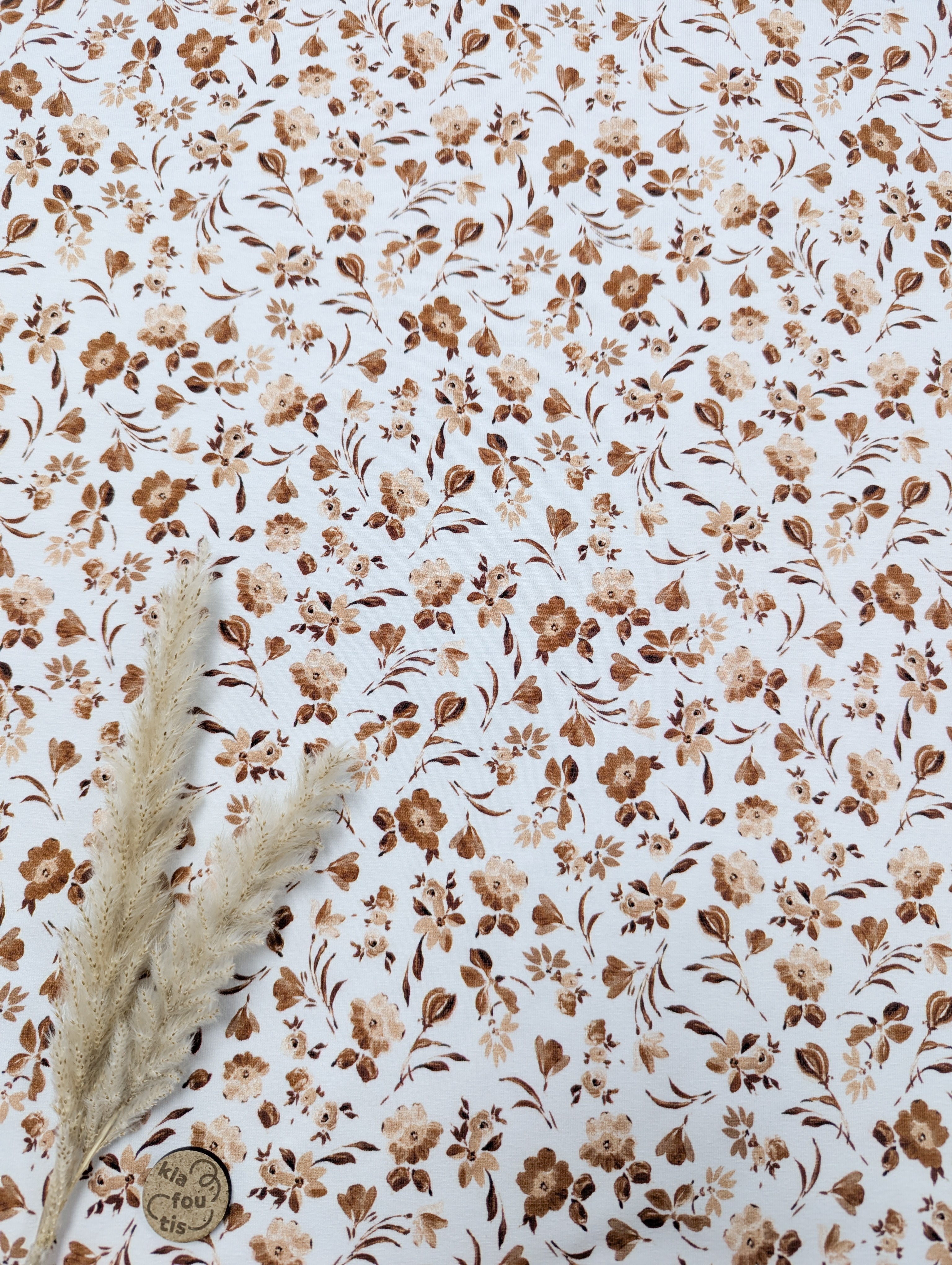 Jersey de coton écru - petites fleurs en tons chauds