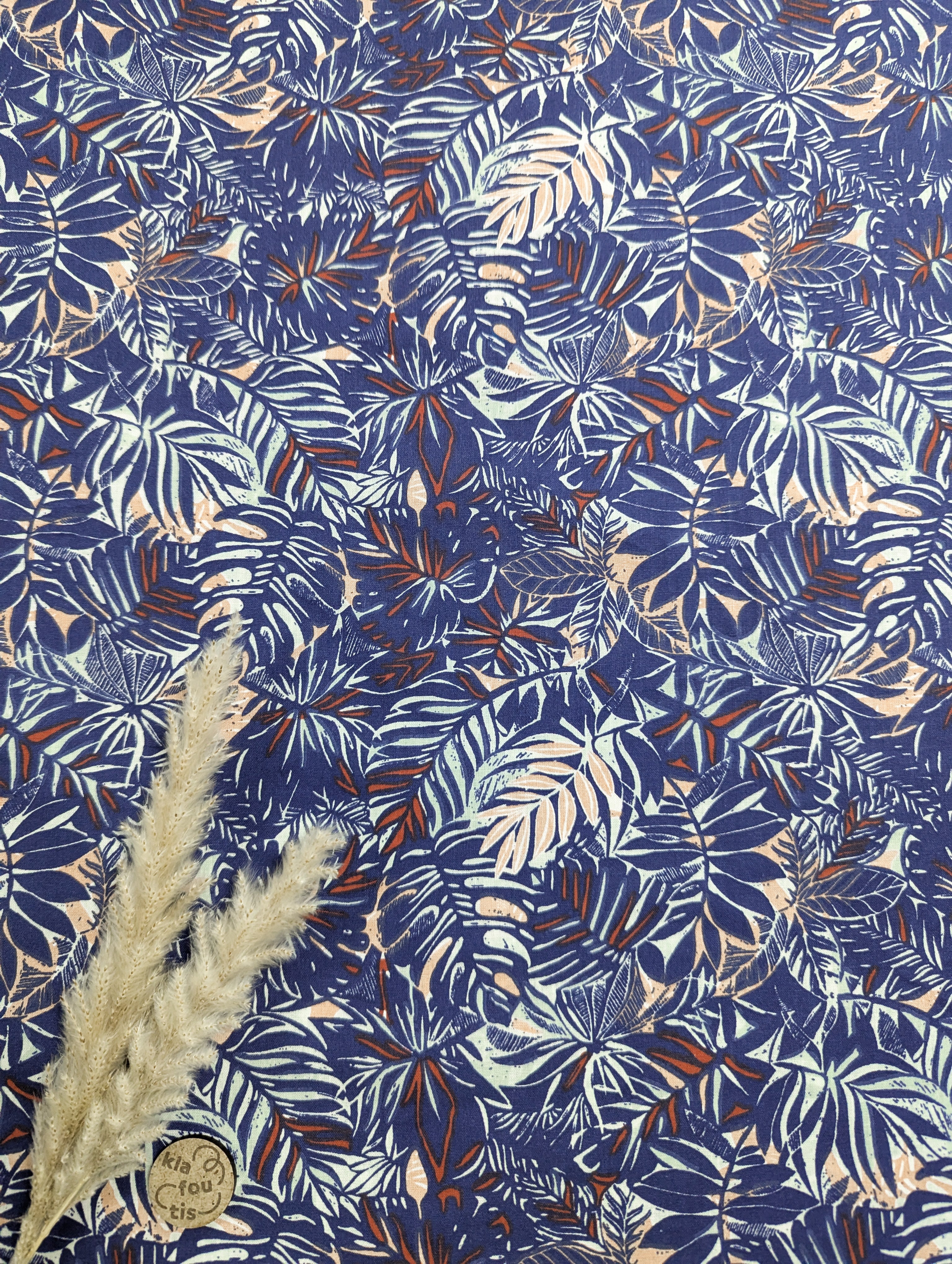 Popeline de coton bleue - magnifique feuillage