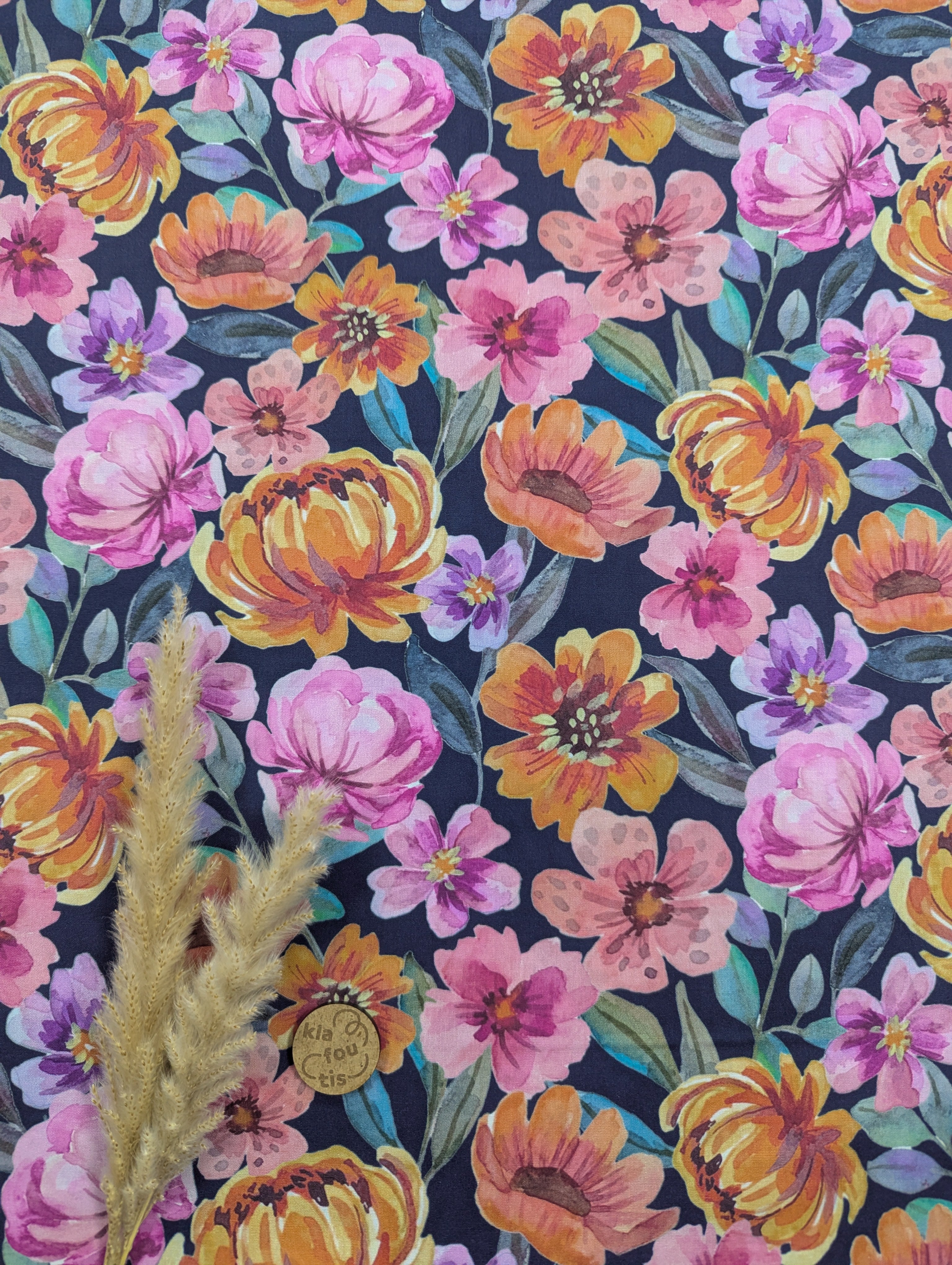 Popeline de coton bleu marine - Fleurs flamboyantes