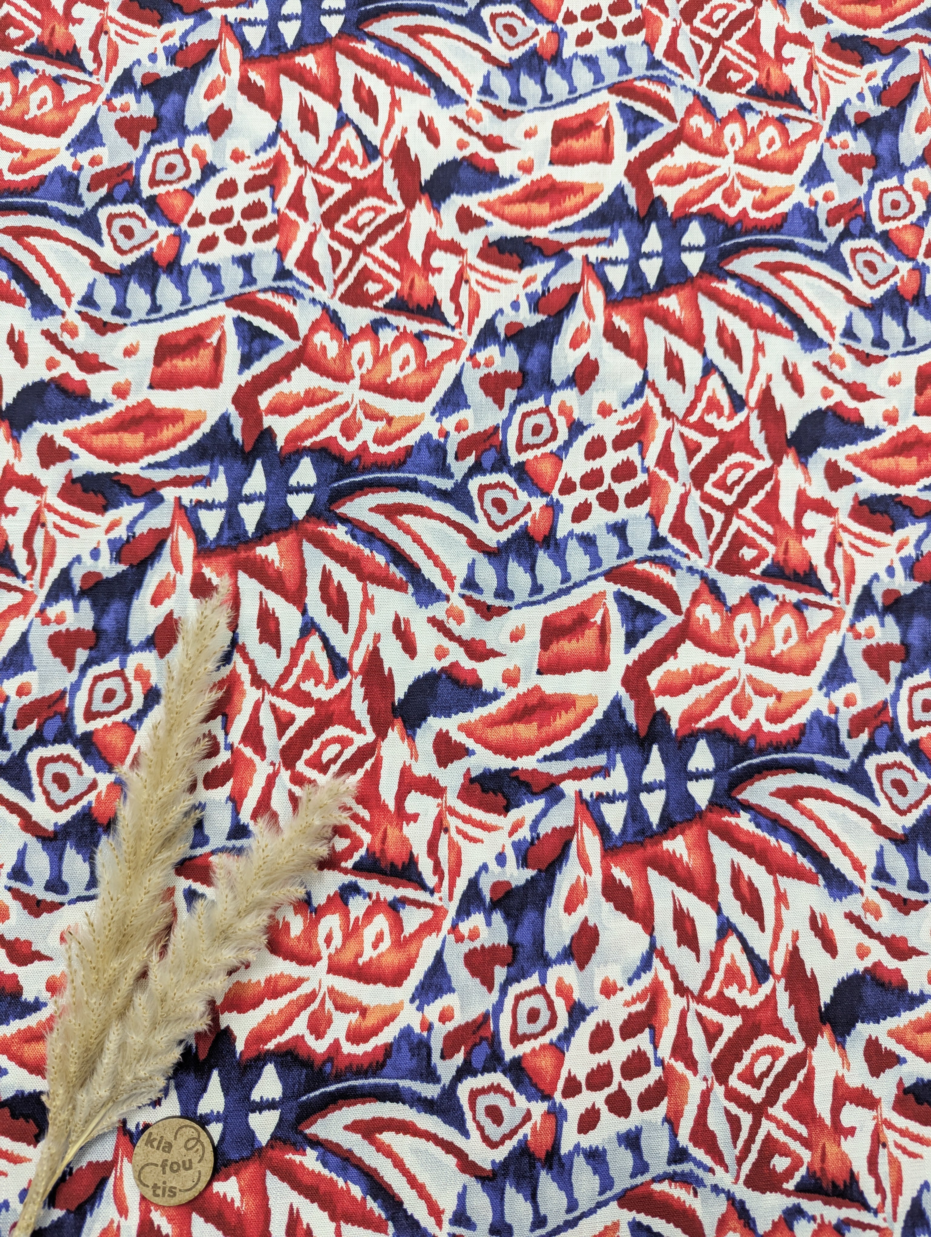 Popeline de viscose stretch bleu et rouge - ethnie