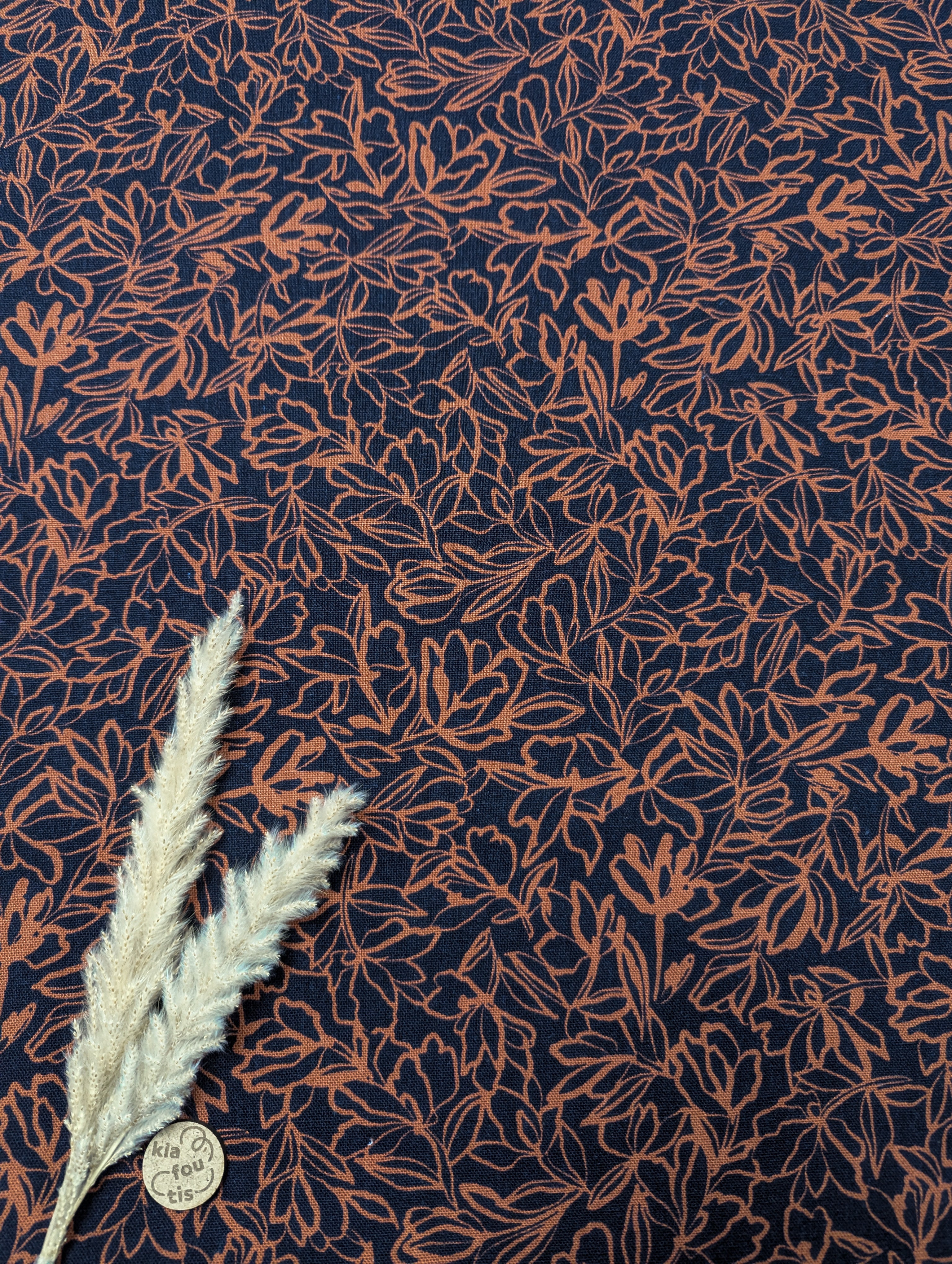 Lin viscose noir - traits fleuris terracotta