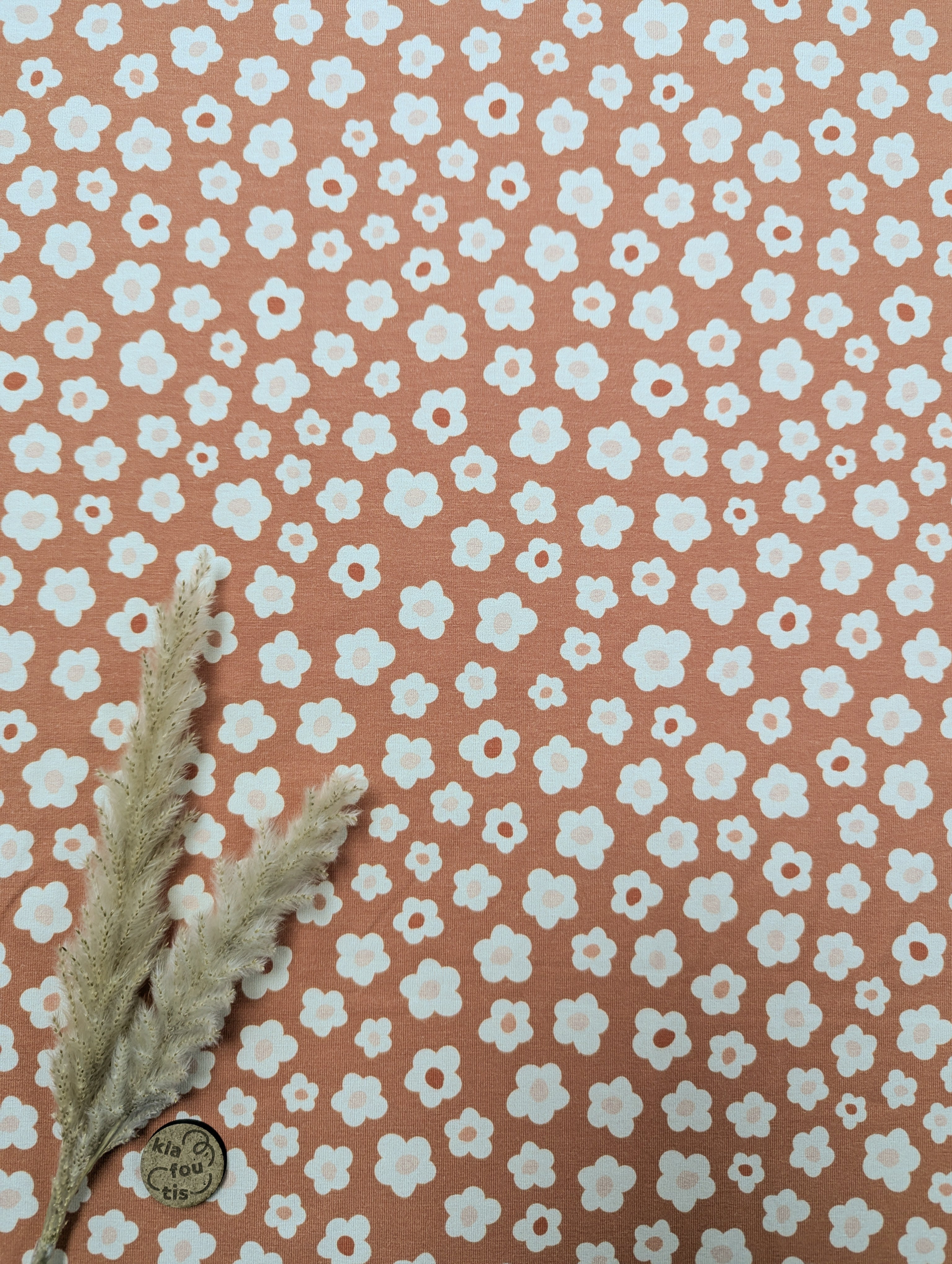 Jersey de coton orange abricot - mignonnes petites fleurs
