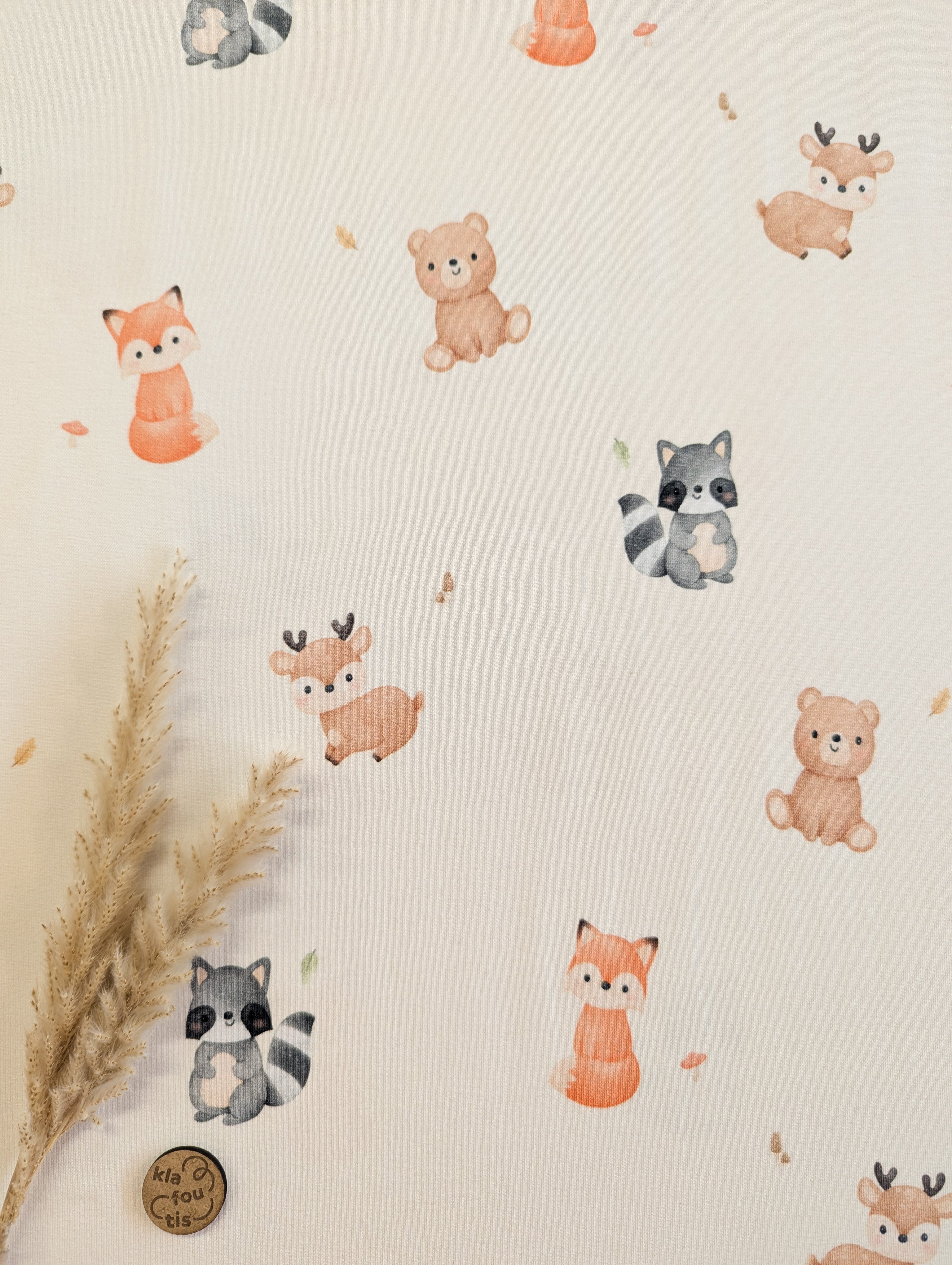 Jersey de coton BIO écru - gentils amis de la forêt